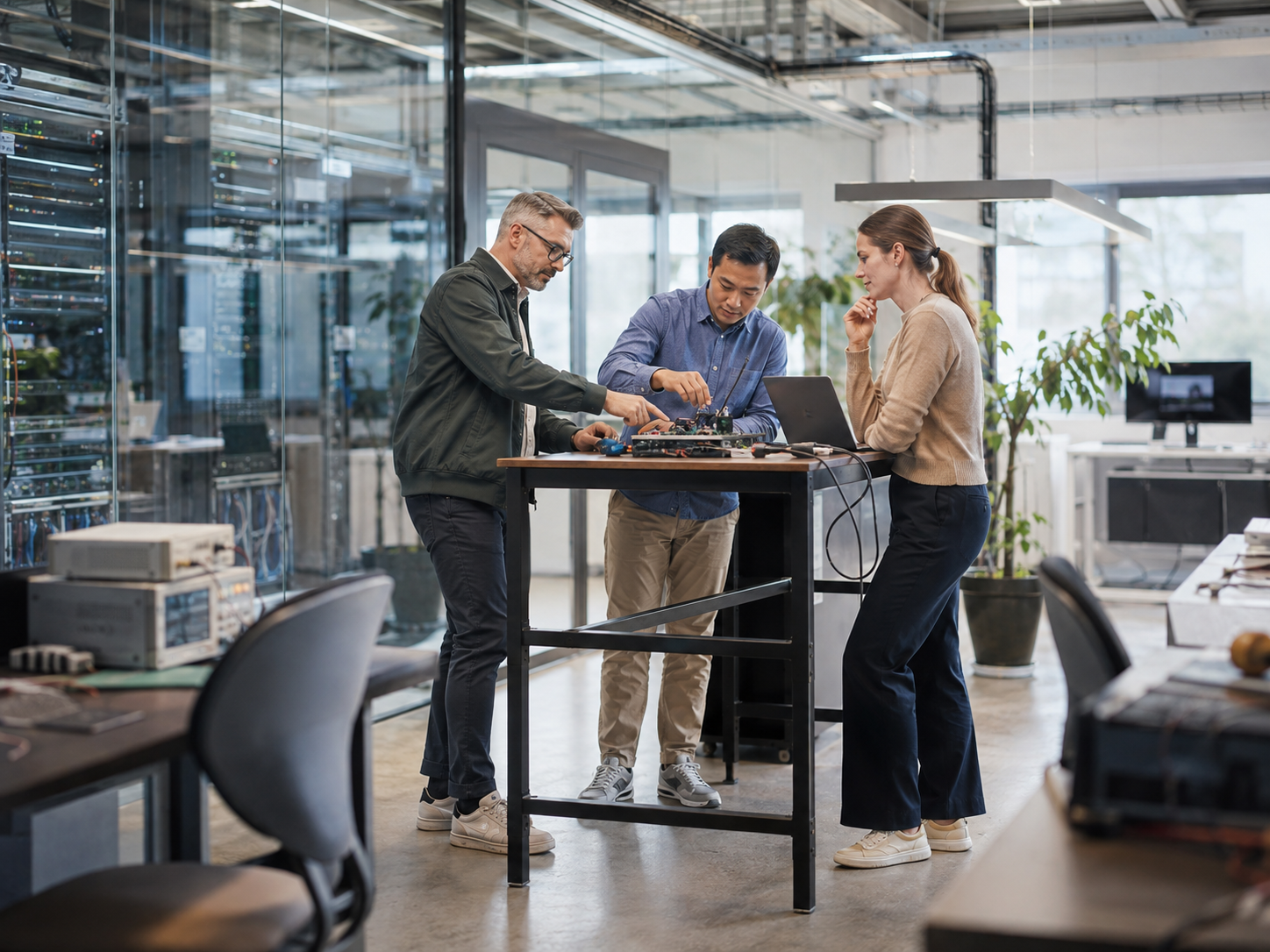 Drei Fachleute arbeiten gemeinsam an einem technischen Prototyp in einem modernen Digital-Labor.