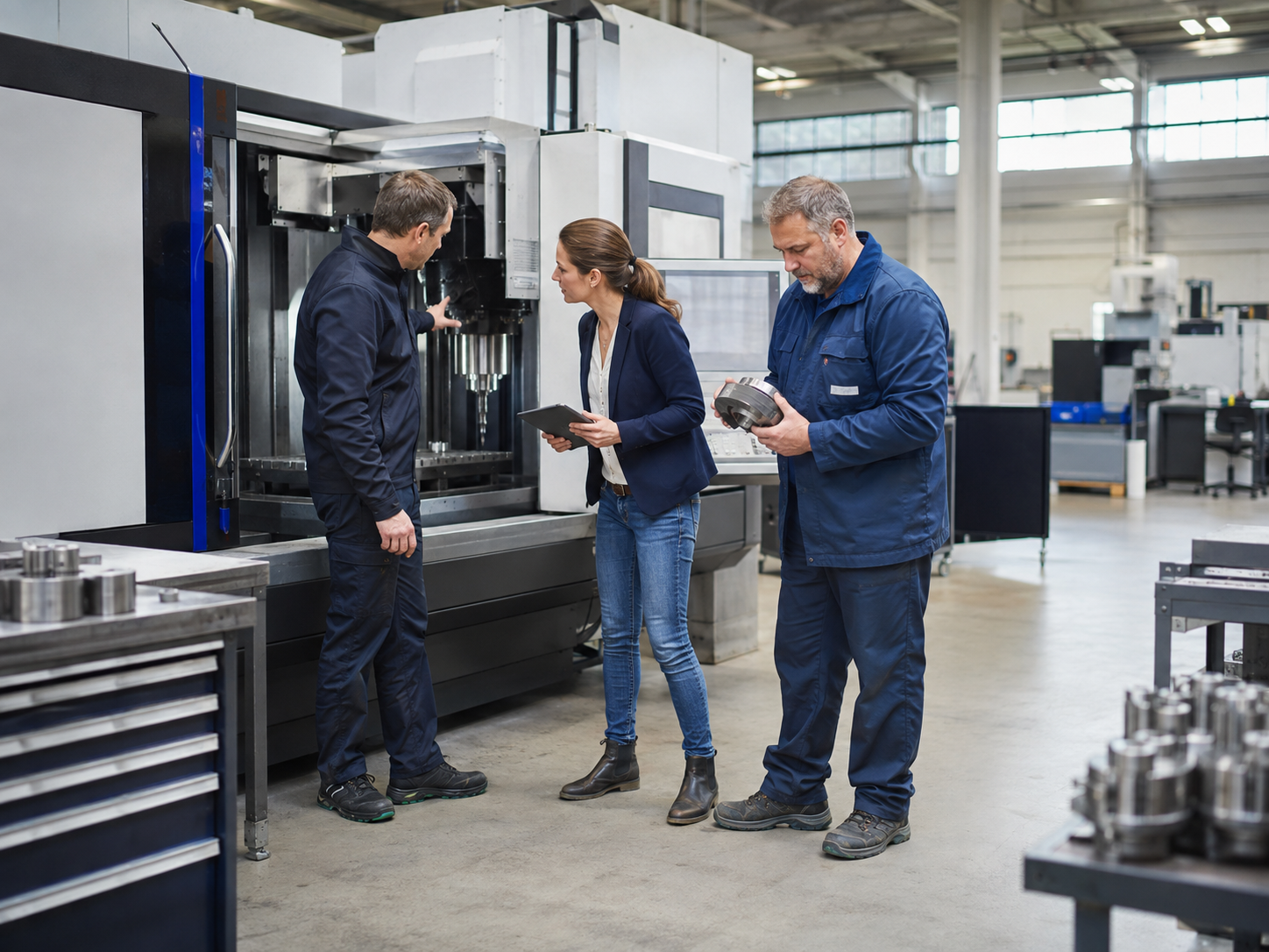 Drei Fachleute begutachten gemeinsam eine CNC-Maschine in einer hellen Produktionshalle.