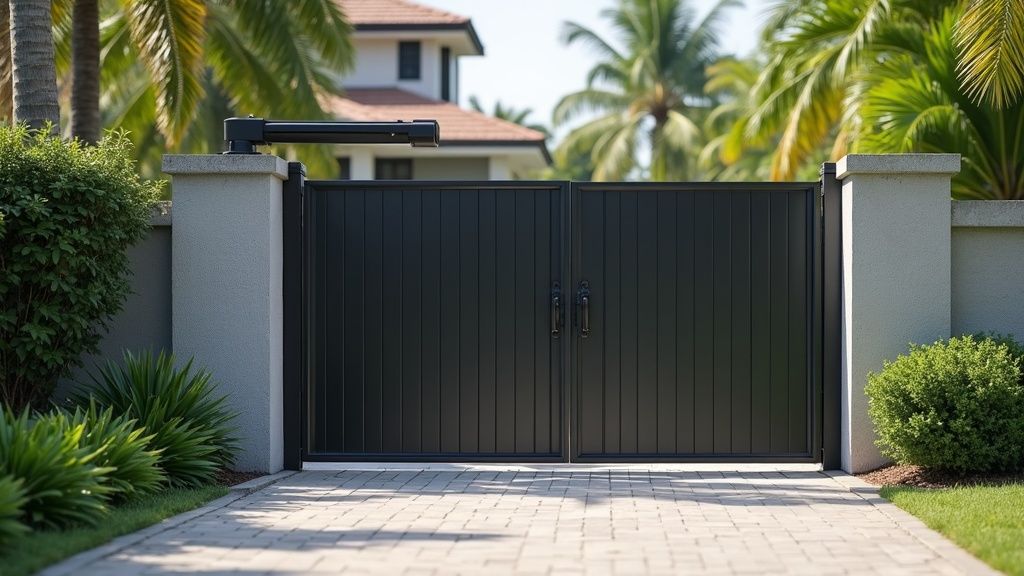 Automatic swing gate opener arm on a gate pillar