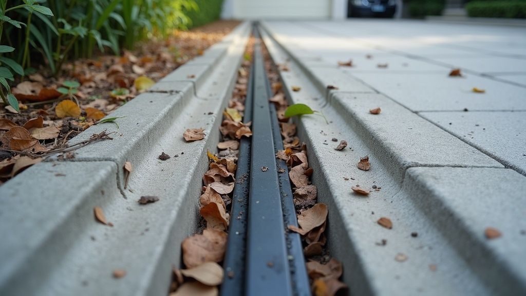 Sliding gate floor track with leaves and dirt collected in the groove