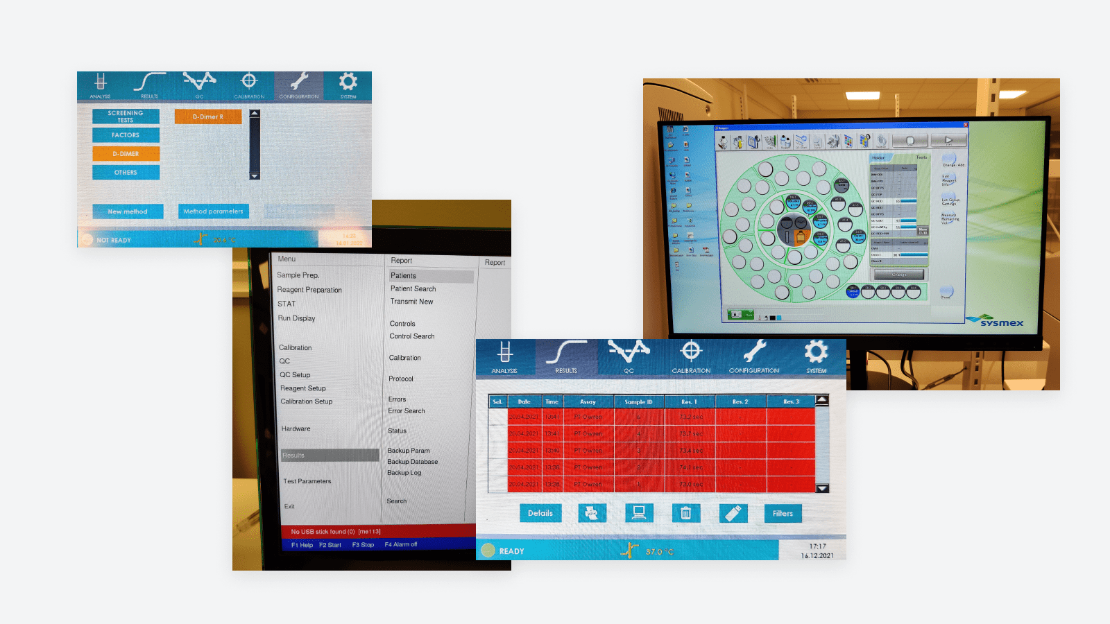 Four photos of UI from competing coagulation analysers.