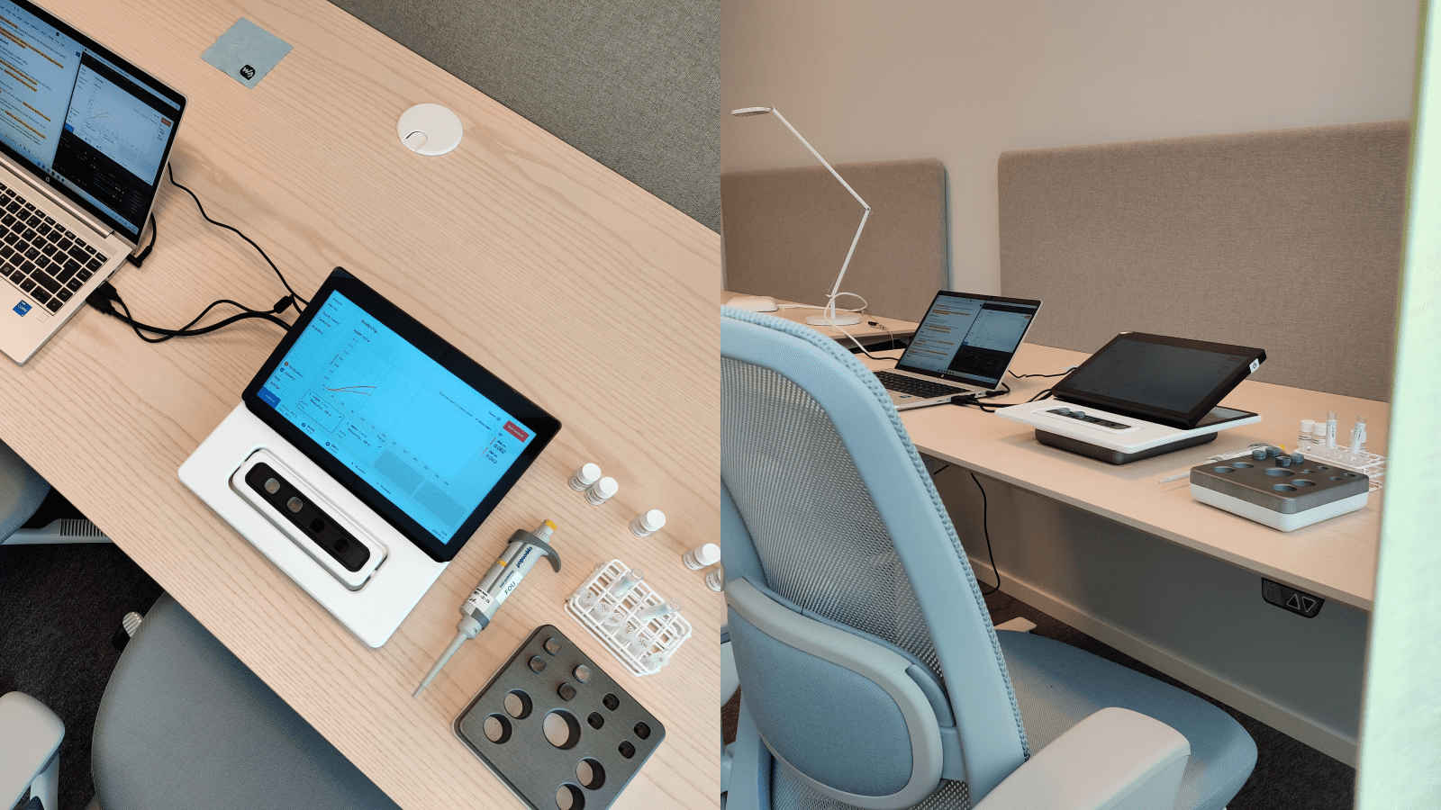 Physical analyser prototype, lab equipment and laptop on a table.