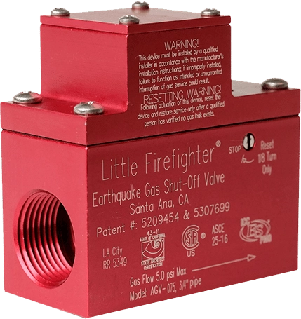 Little Firefighter earthquake-activated gas shutoff valve installed on residential natural gas piping by In Demand Plumbing, Heating & Air.