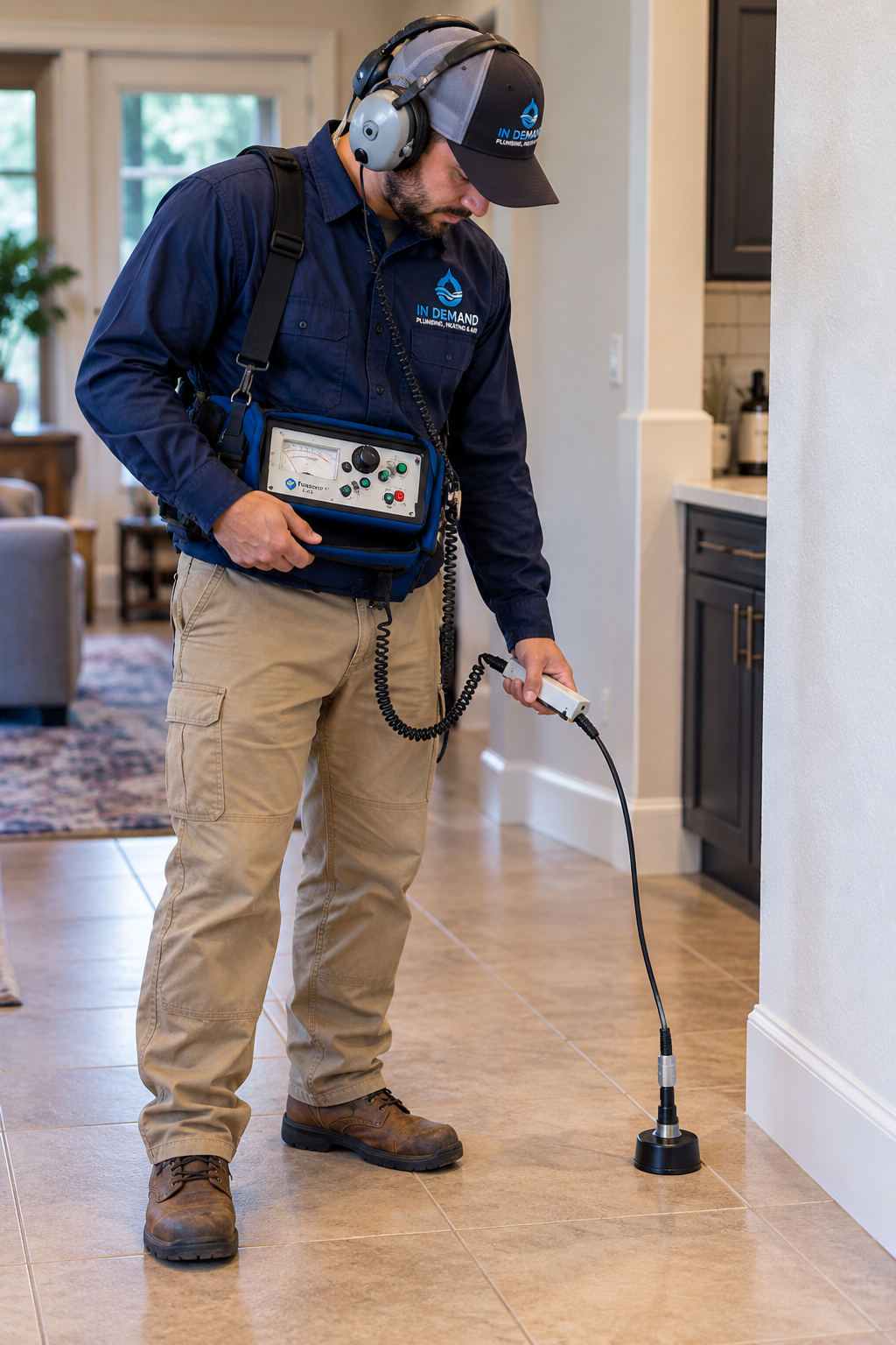 In Demand Plumbing, Heating & Air technician using a leak detector to investigate a slab leak.