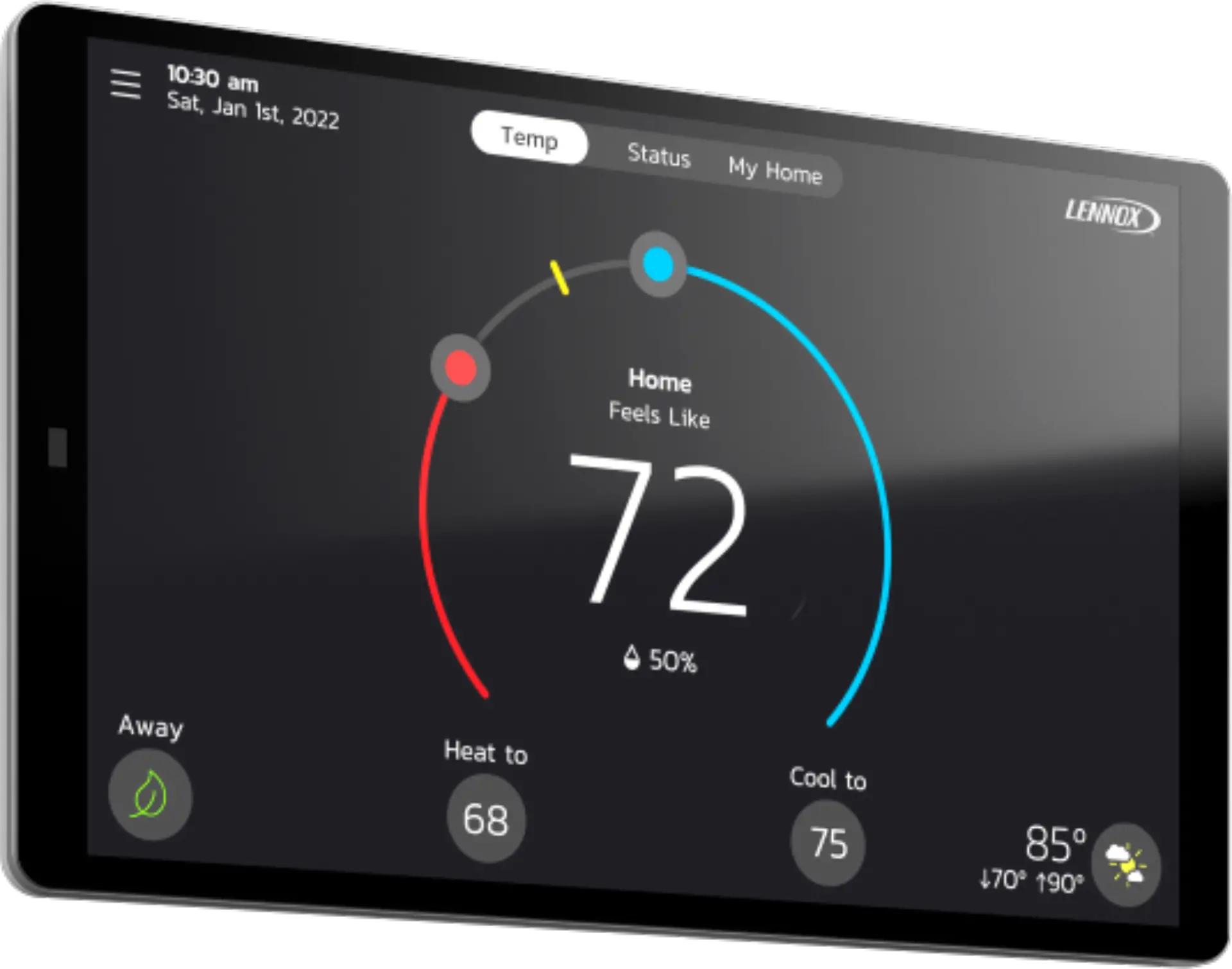 Lennox iComfort S40 smart programmable thermostat with 7-inch touchscreen for home heating and cooling control.