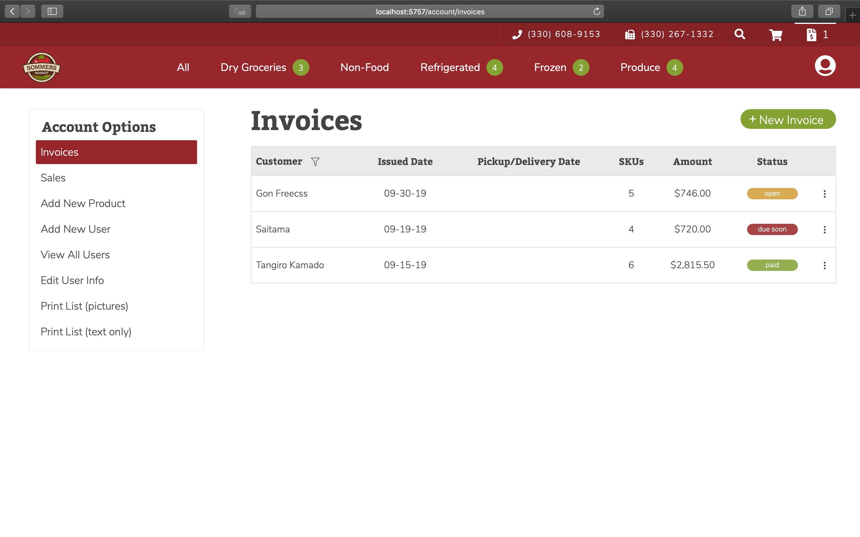 Sommers Market User Invoices