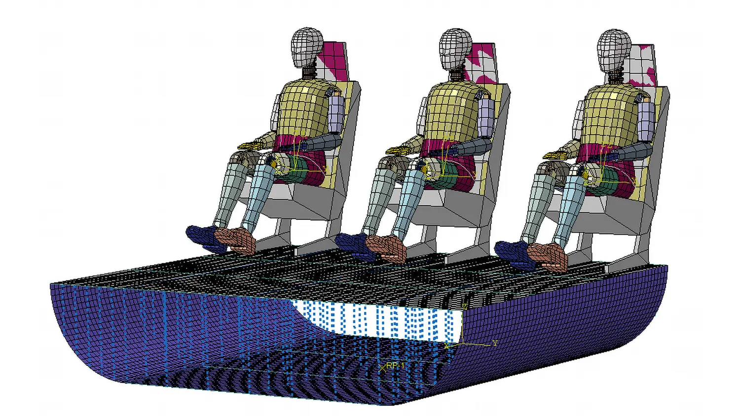 FEM simulation with three seated crash test dummies, used for impact analysis.