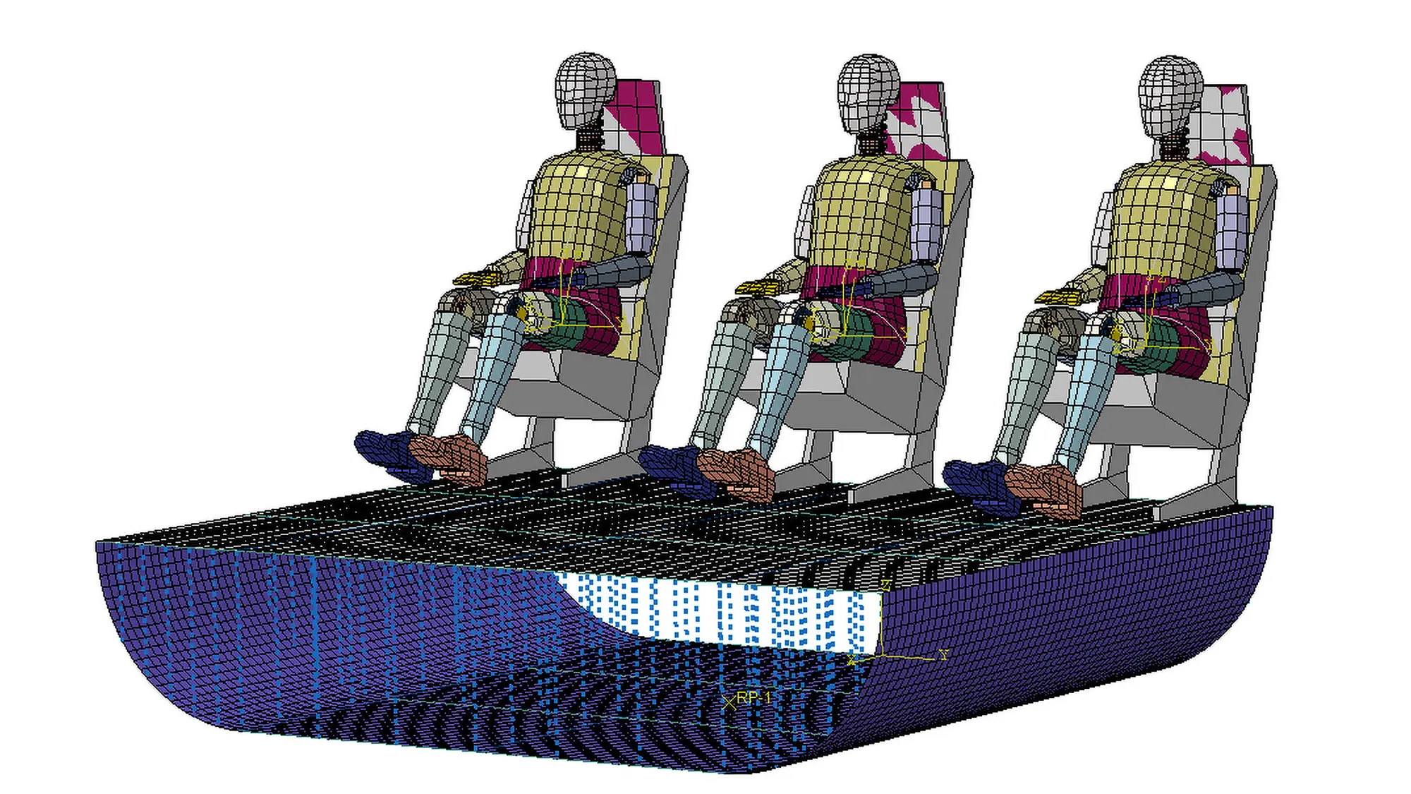 Simulazione FEM con tre manichini da crash test seduti, usata per analisi di impatto.