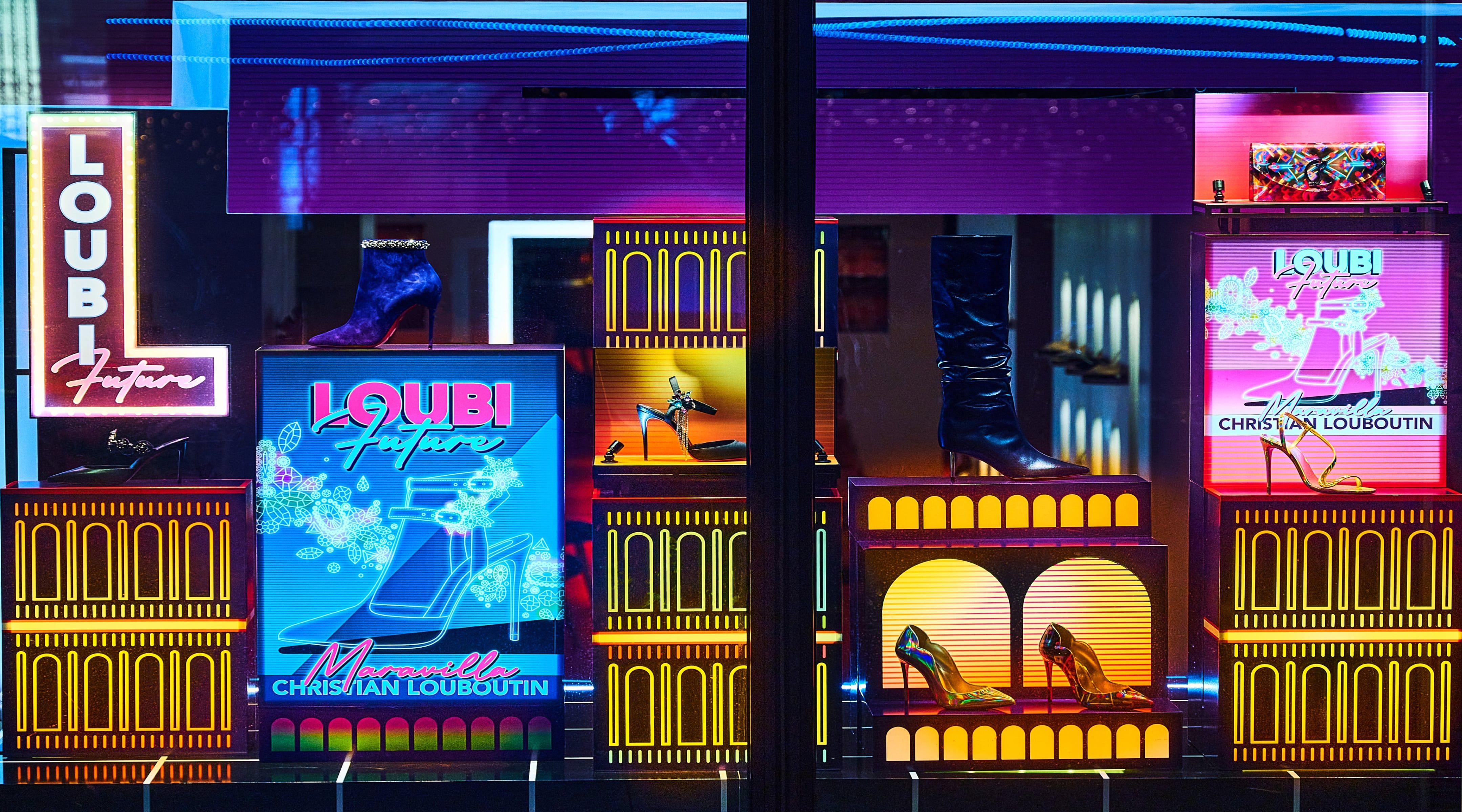 Retro-futuristic designer shoe window display for Loubi Future