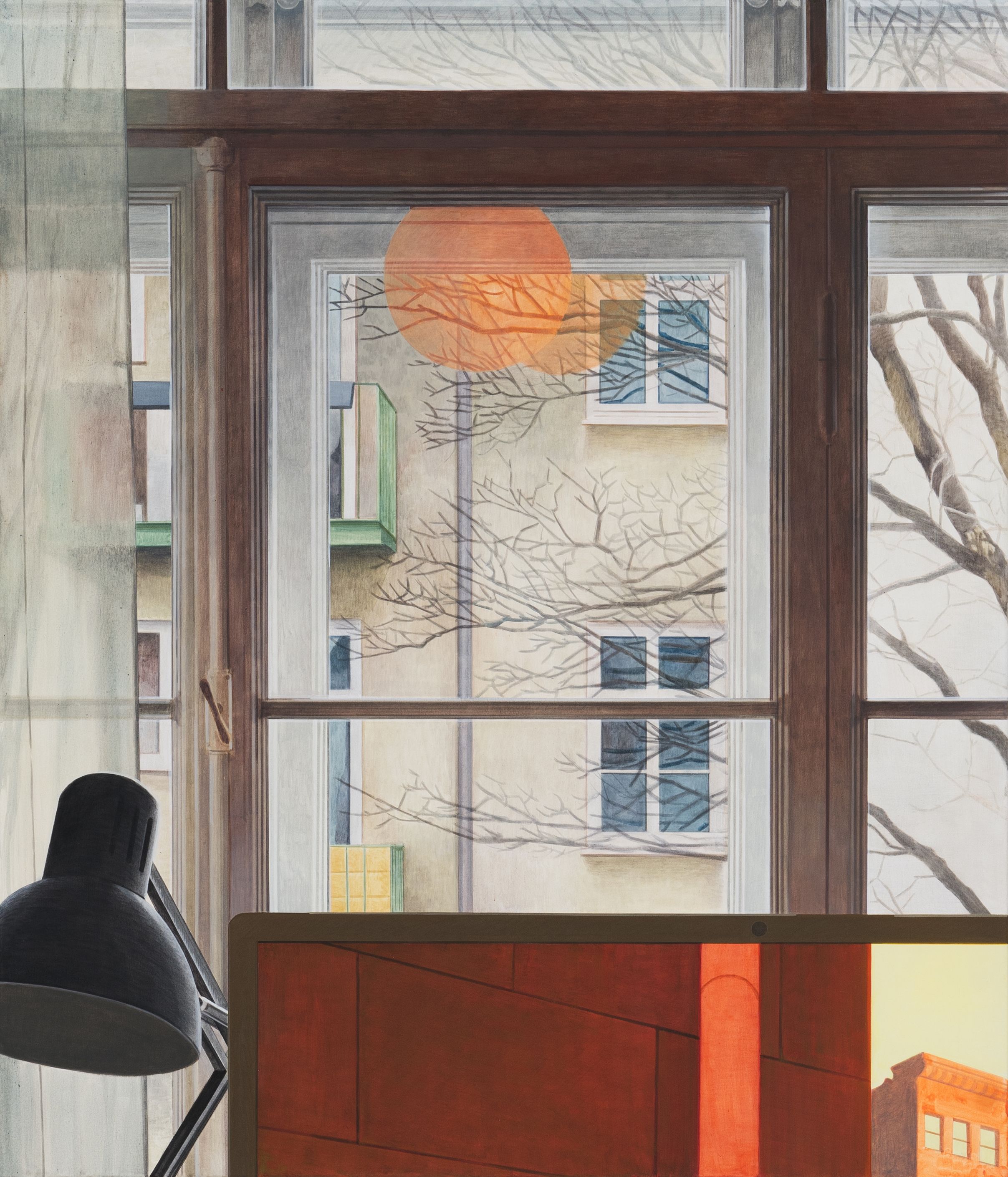 painting of a screen and lamp in front of a window, you can see another house facade and a tree in it
