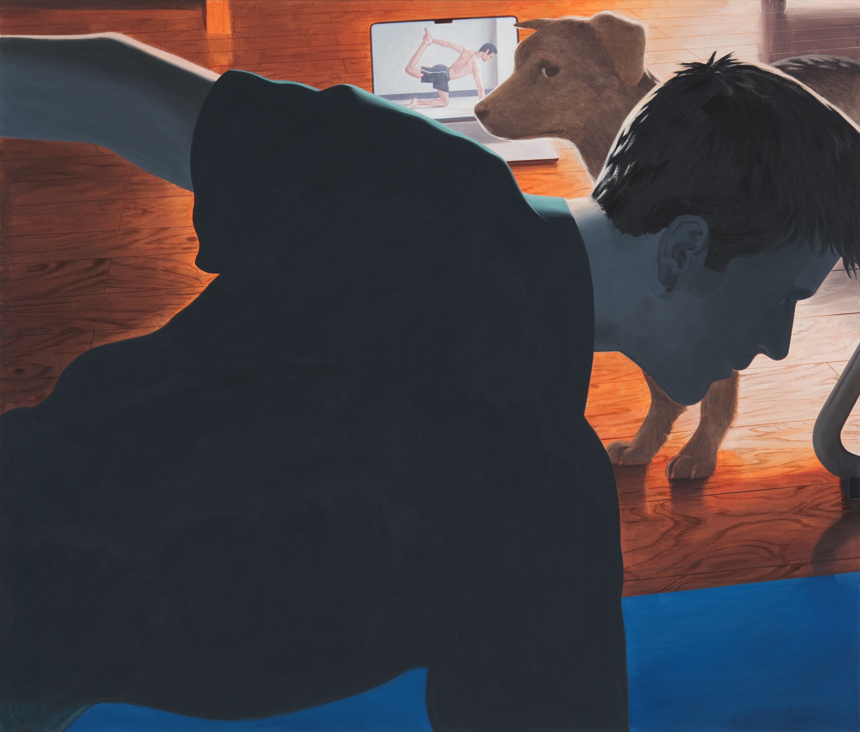 A painting of a figure doing yoga and a dog being pet by another figure in the background