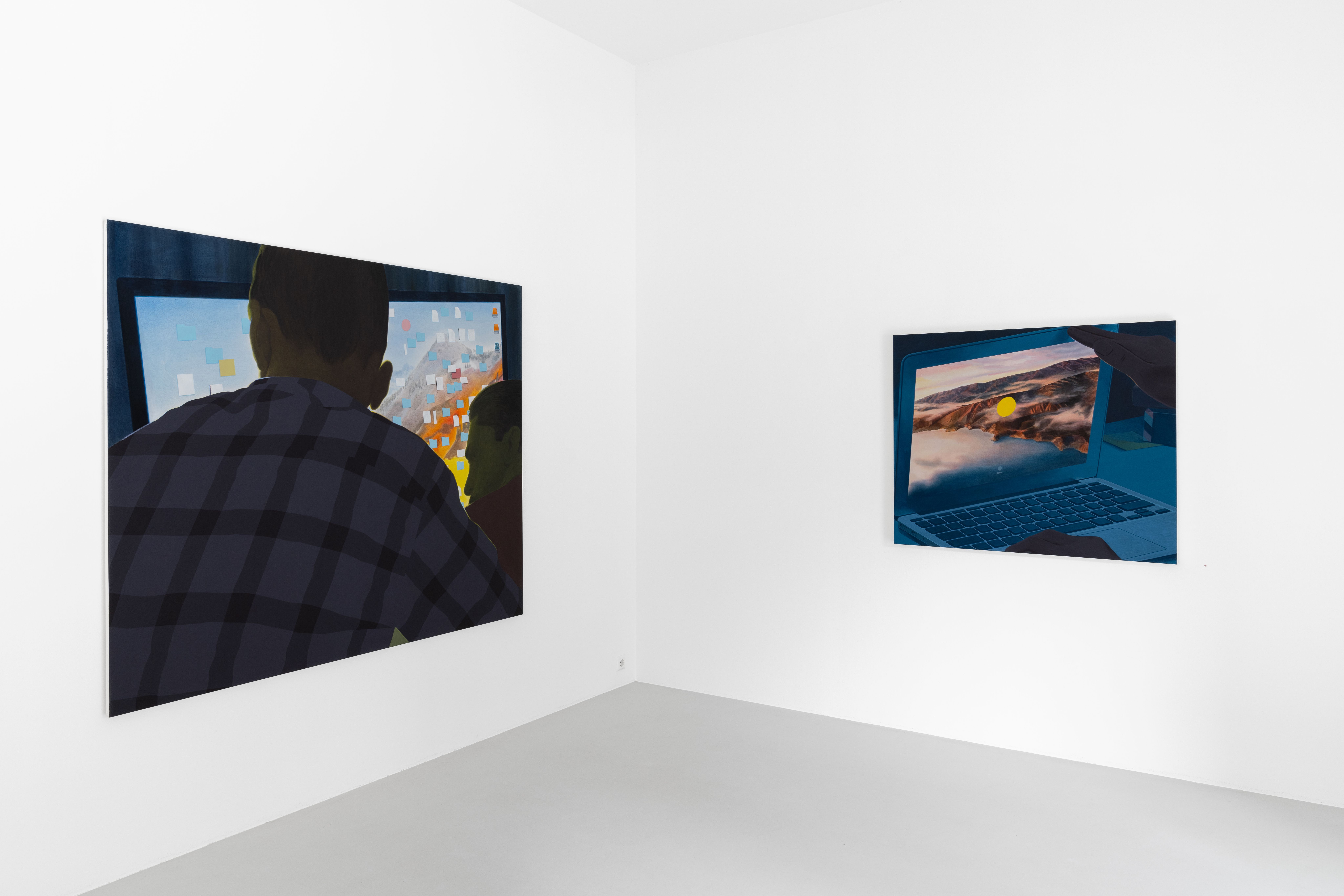 exhibition view of two large scale figuratove paintings