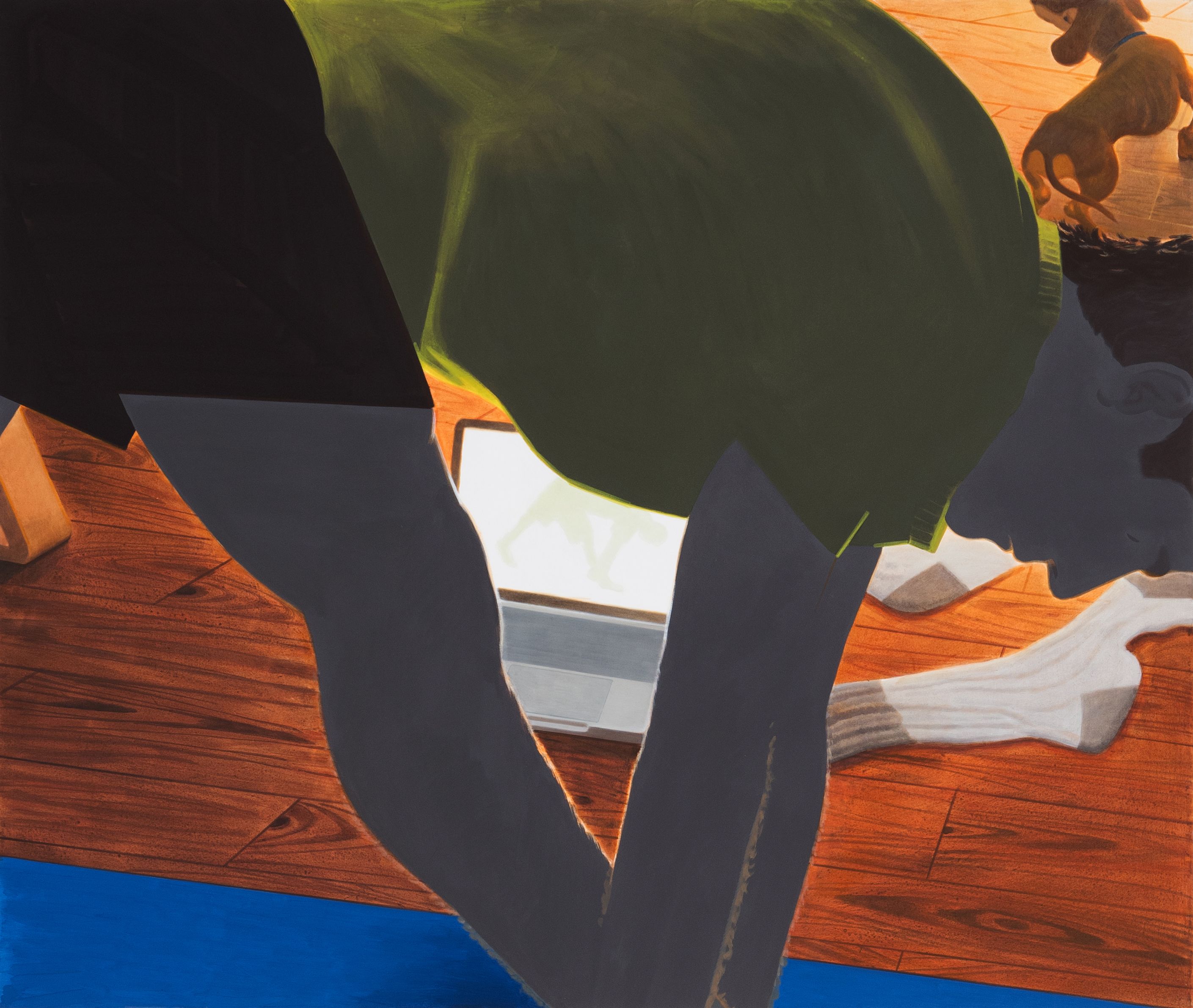 A painting of a figure doing yoga and a dog being pet by another figure in the background