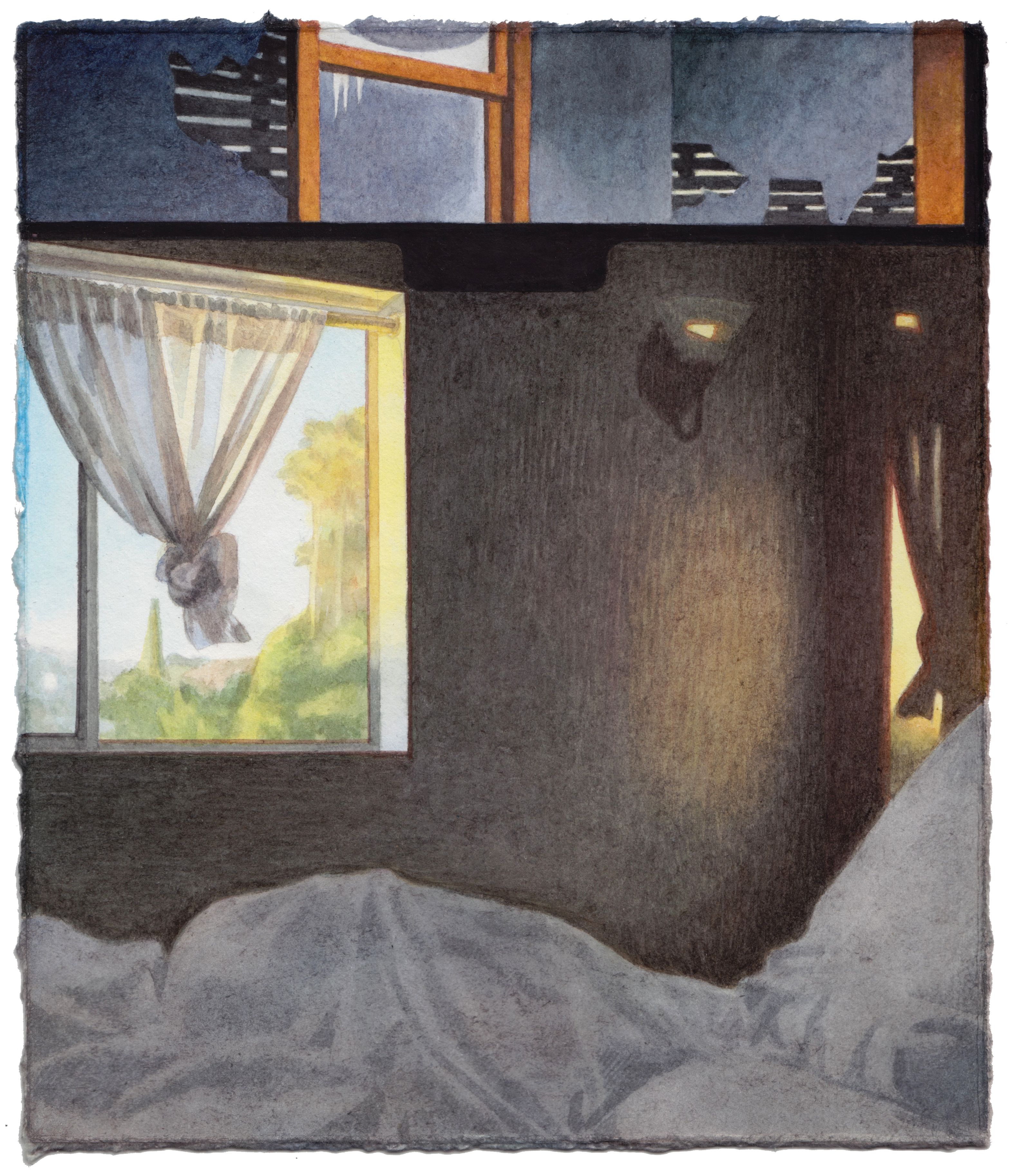 painting of a bedroom with golden light falling through a window