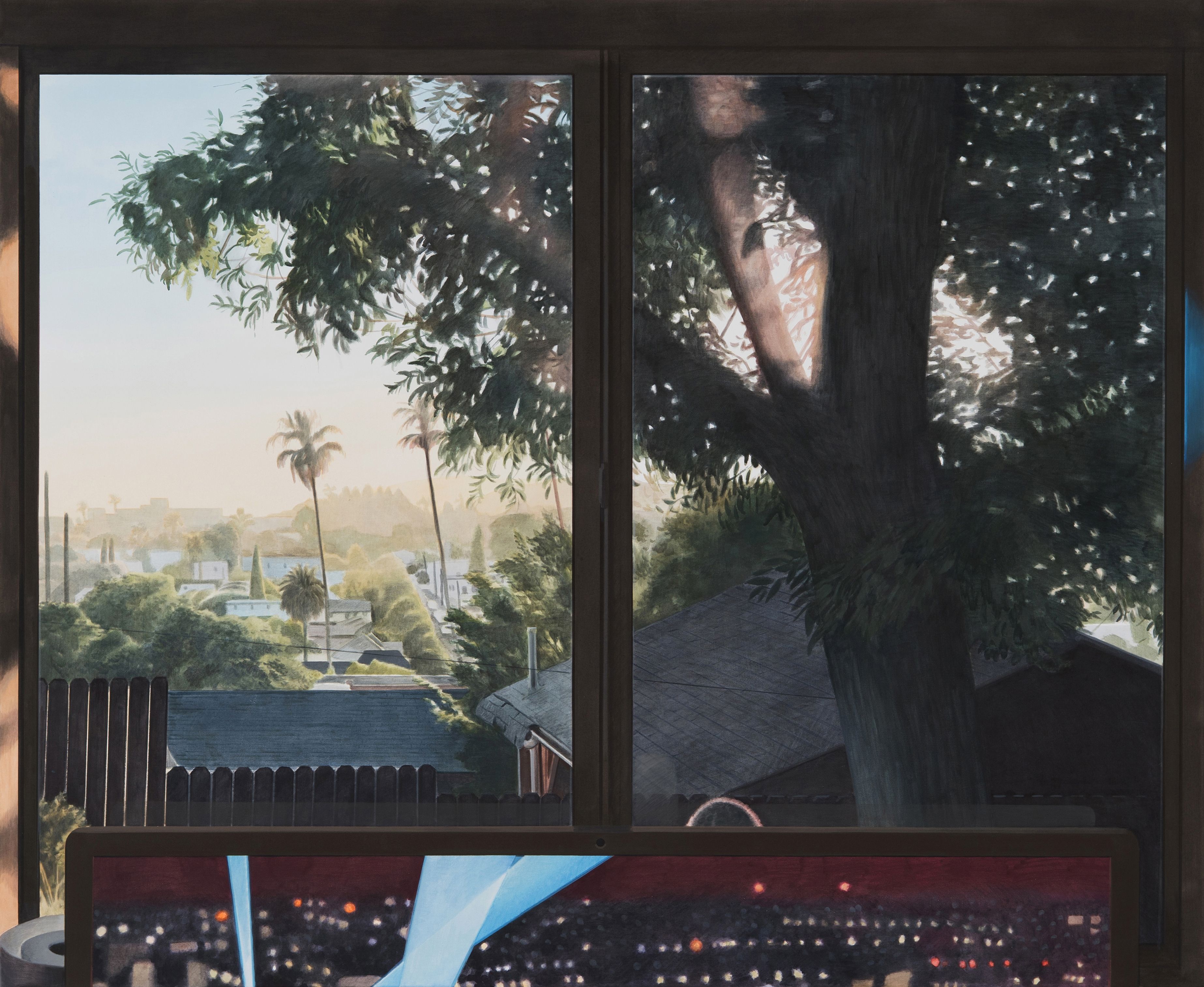 Painting of a view of Los Angeles and a screen