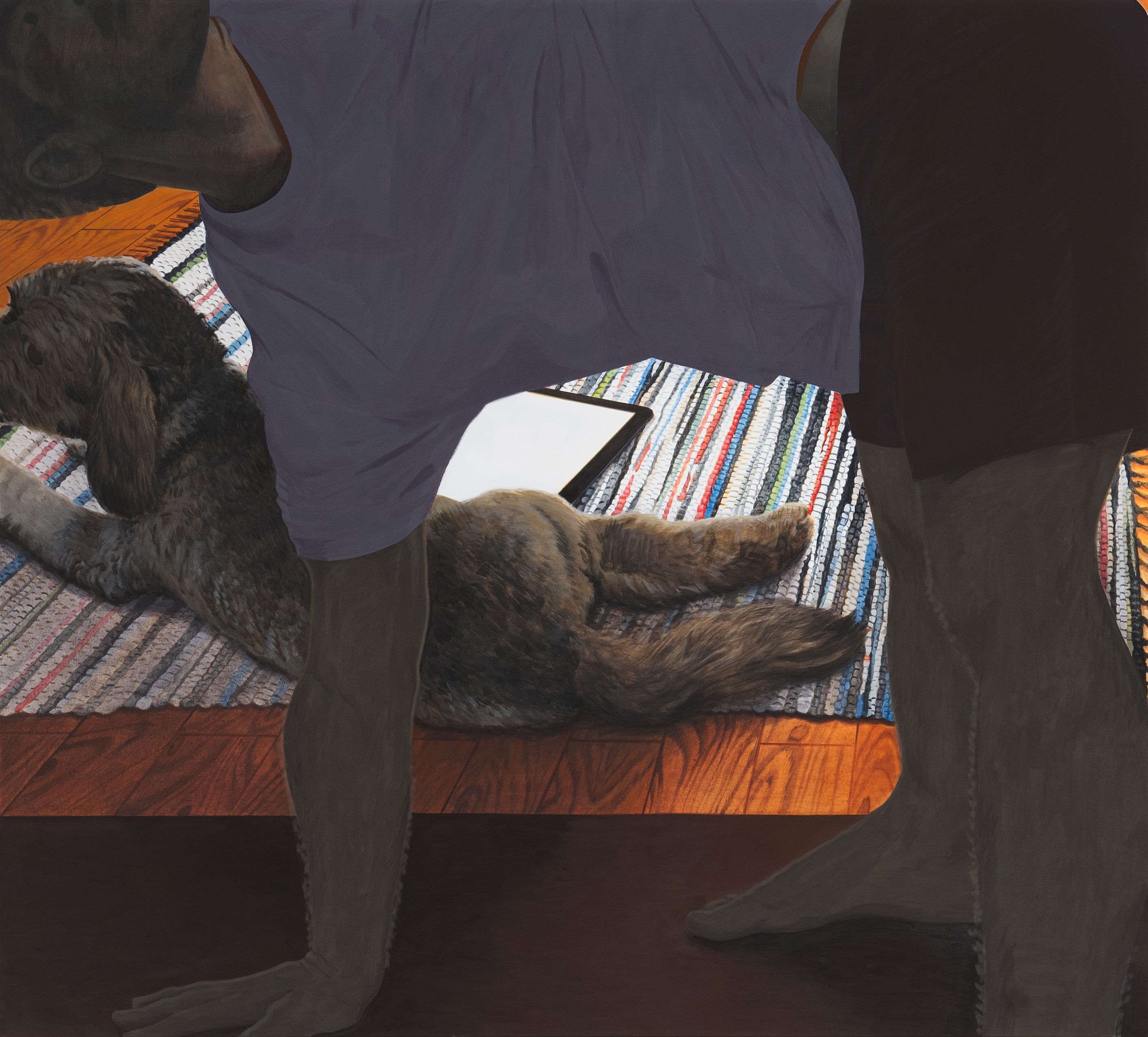A painting of a figure doing yoga and a dog being pet by another figure in the background