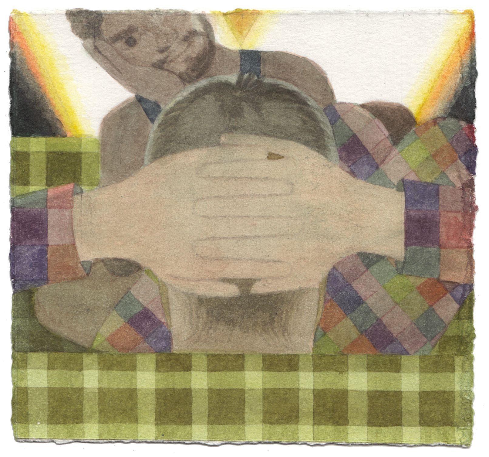 Watercolour painting of two people sitting a sofa facing each other, the sofa and the figures' pyjamas are covered in different plaids