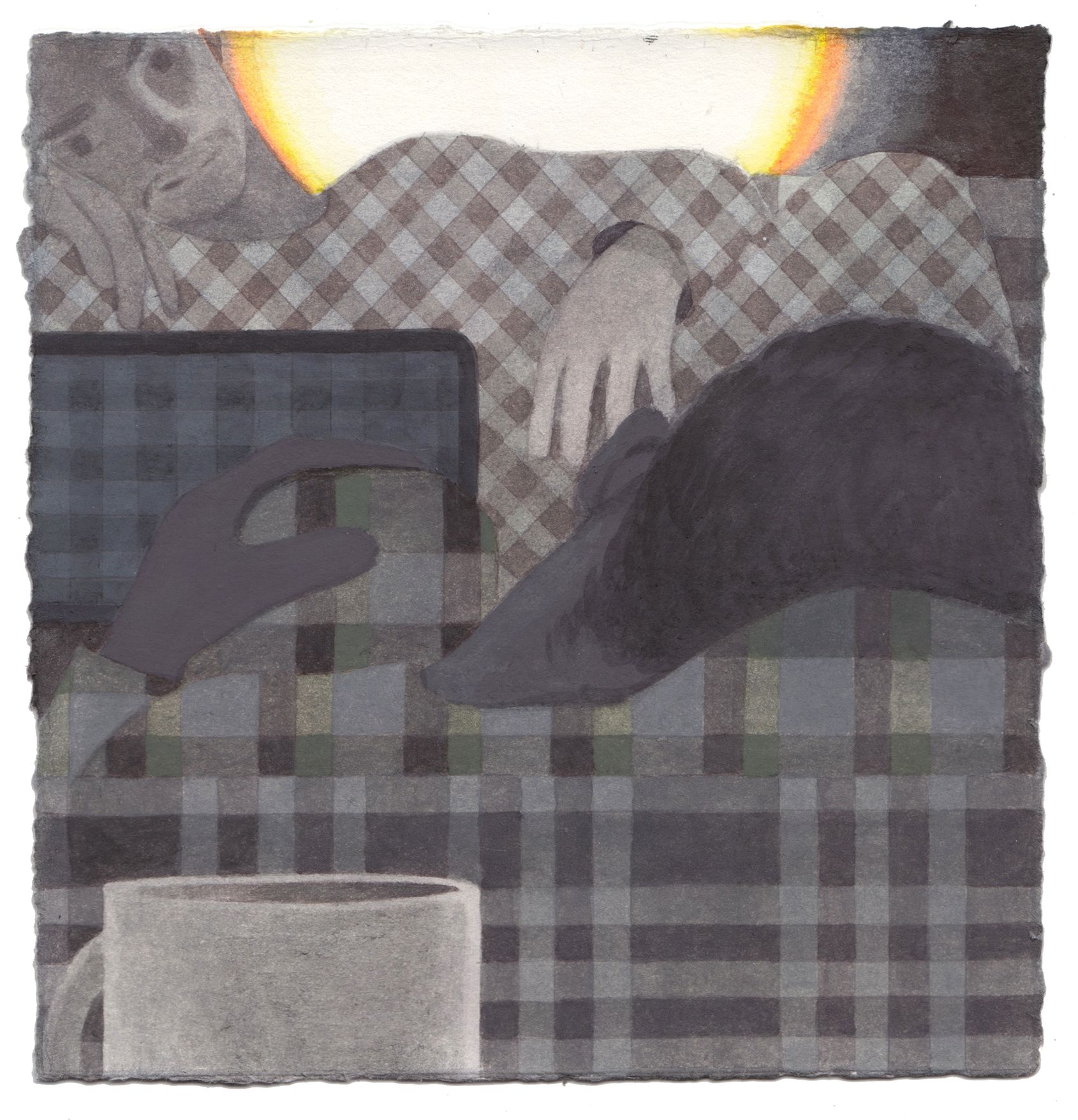 Watercolour painting of two people sitting a sofa facing each other, the sofa and the figures' pyjamas are covered in different plaids