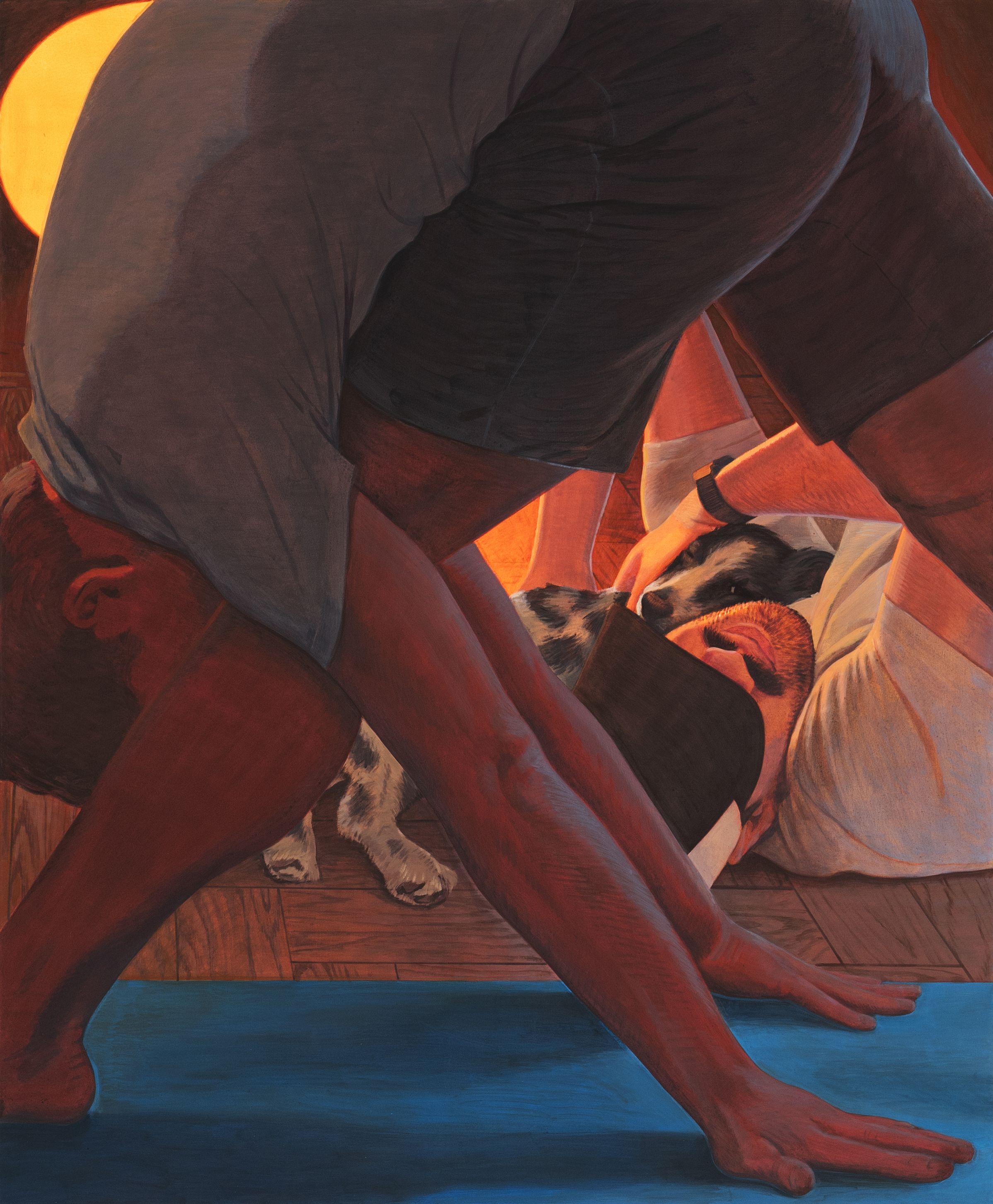 A painting of a figure doing yoga and a dog being pet by another figure in the background