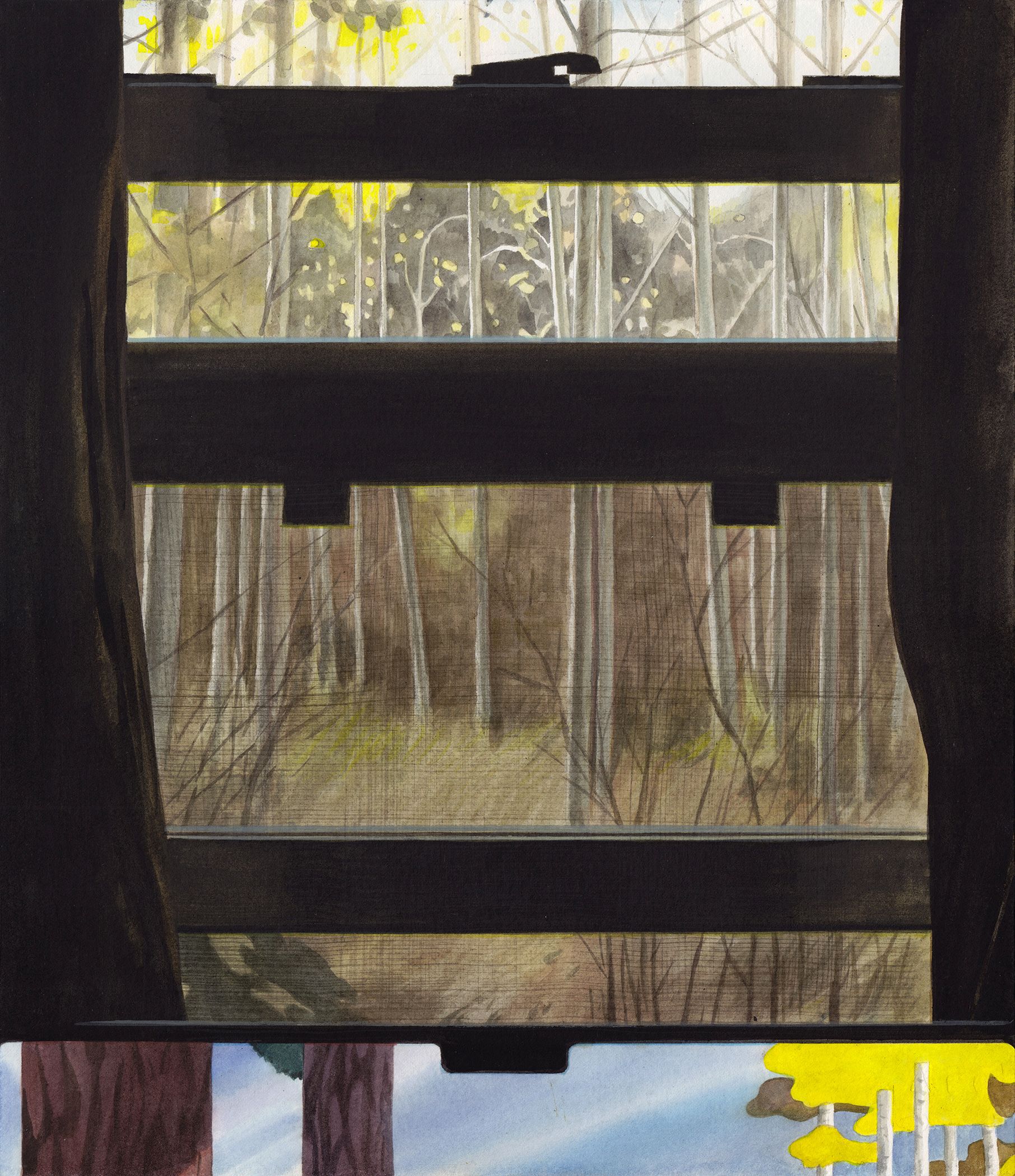 painting of birch trees seen out of a window and a screen with coming birch trees