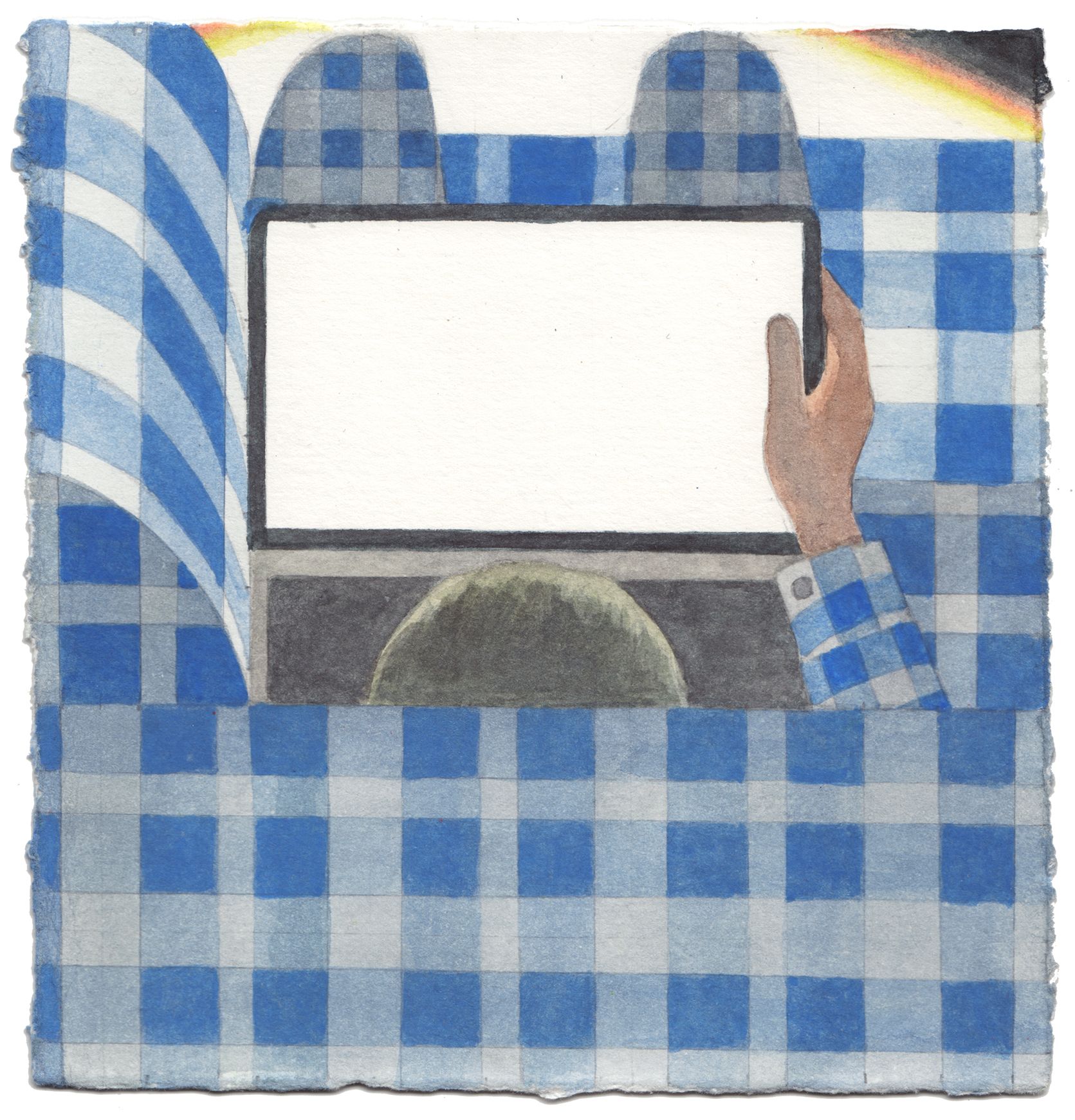 Watercolour painting of two people sitting a sofa facing each other, the sofa and the figures' pyjamas are covered in different plaids