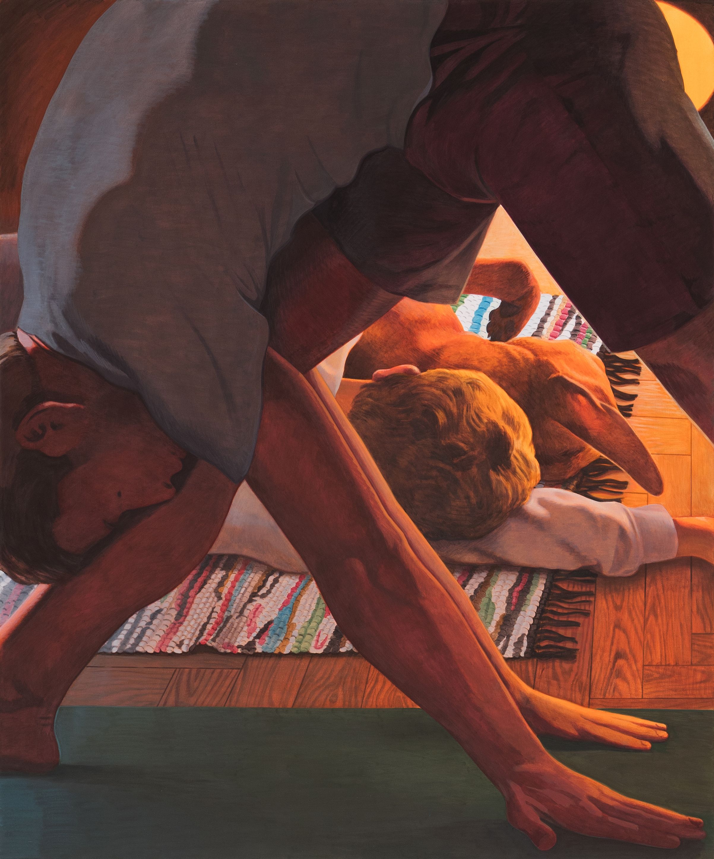 A painting of a figure doing yoga and a dog being pet by another figure in the background