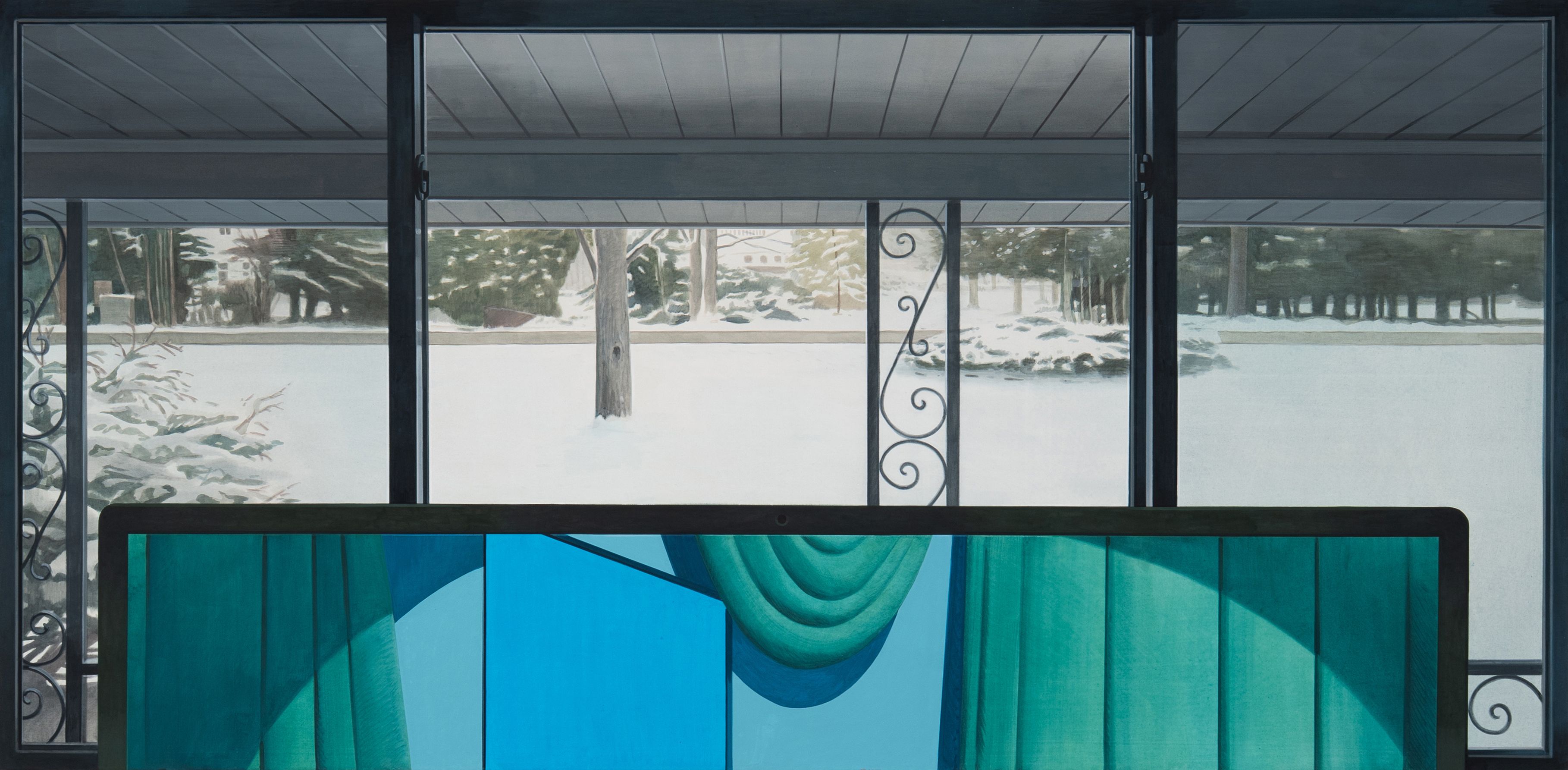 Painting of a window view of a snowy garden. in front of the window a screen with a door and green curtain