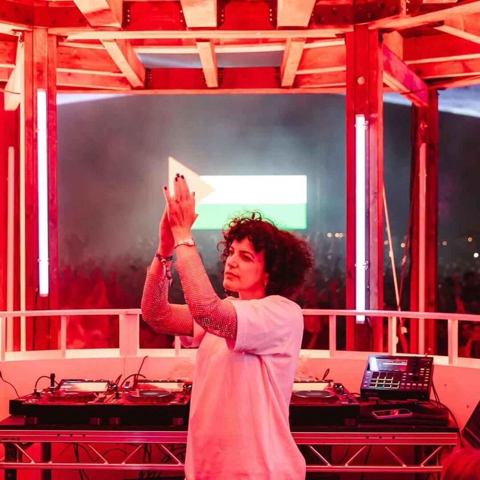 Annie clapping above the crowd in a red-lit DJ booth