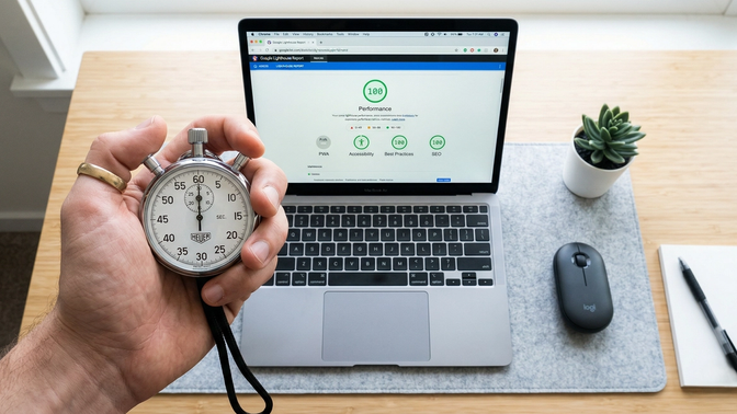 Digital diagnostic scan of a website comparing a poor performance score of 32 against a high SEO score of 98 using a Google Lighthouse-style interface.