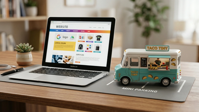 Illustration of a small business website represented as a food truck parked in a clearly priced parking lot, symbolizing transparent hosting costs.