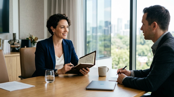 Business owner in a meeting with a web agency, reviewing questions on a laptop