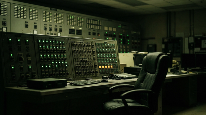 An AI control panel showing systems running while warning lights blink unnoticed in the background