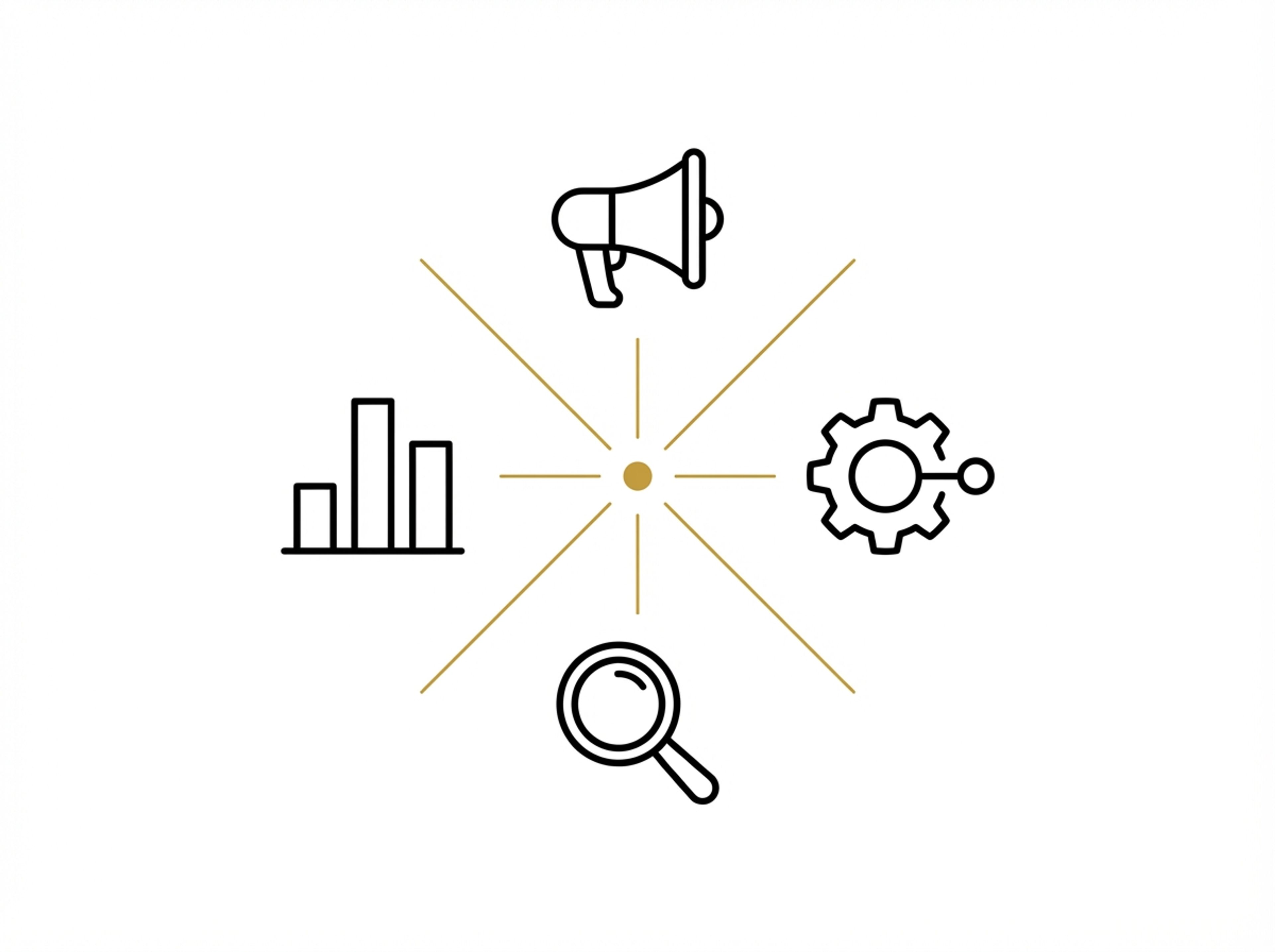 Four icons representing marketing, data, tech, and strategy, connected by gold lines converging to a single central point.