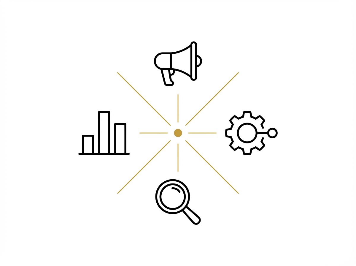 Four icons representing marketing, data, tech, and strategy, connected by gold lines converging to a single central point.