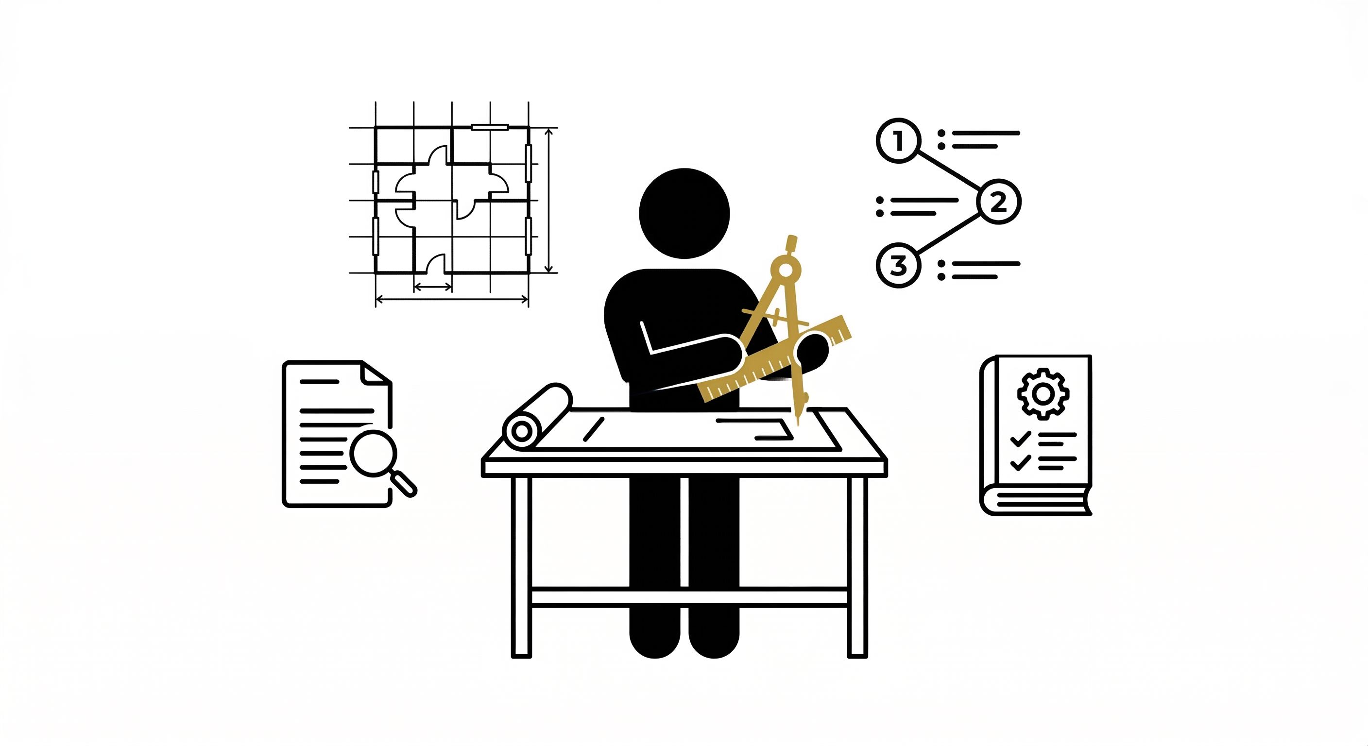 Person at a drafting table with a blueprint and compass, surrounded by checklists: the human as architect