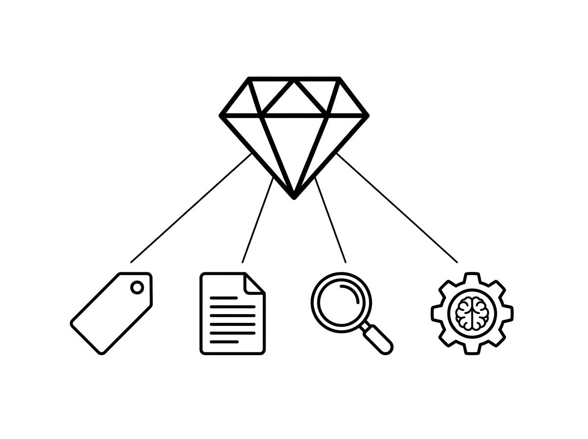 Four model shapes of different sizes — small circle, medium circle, medium circle with orbiting dot, and large diamond — each connected by a gold line to its matching task icon below. Representing correct model-to-task routing.