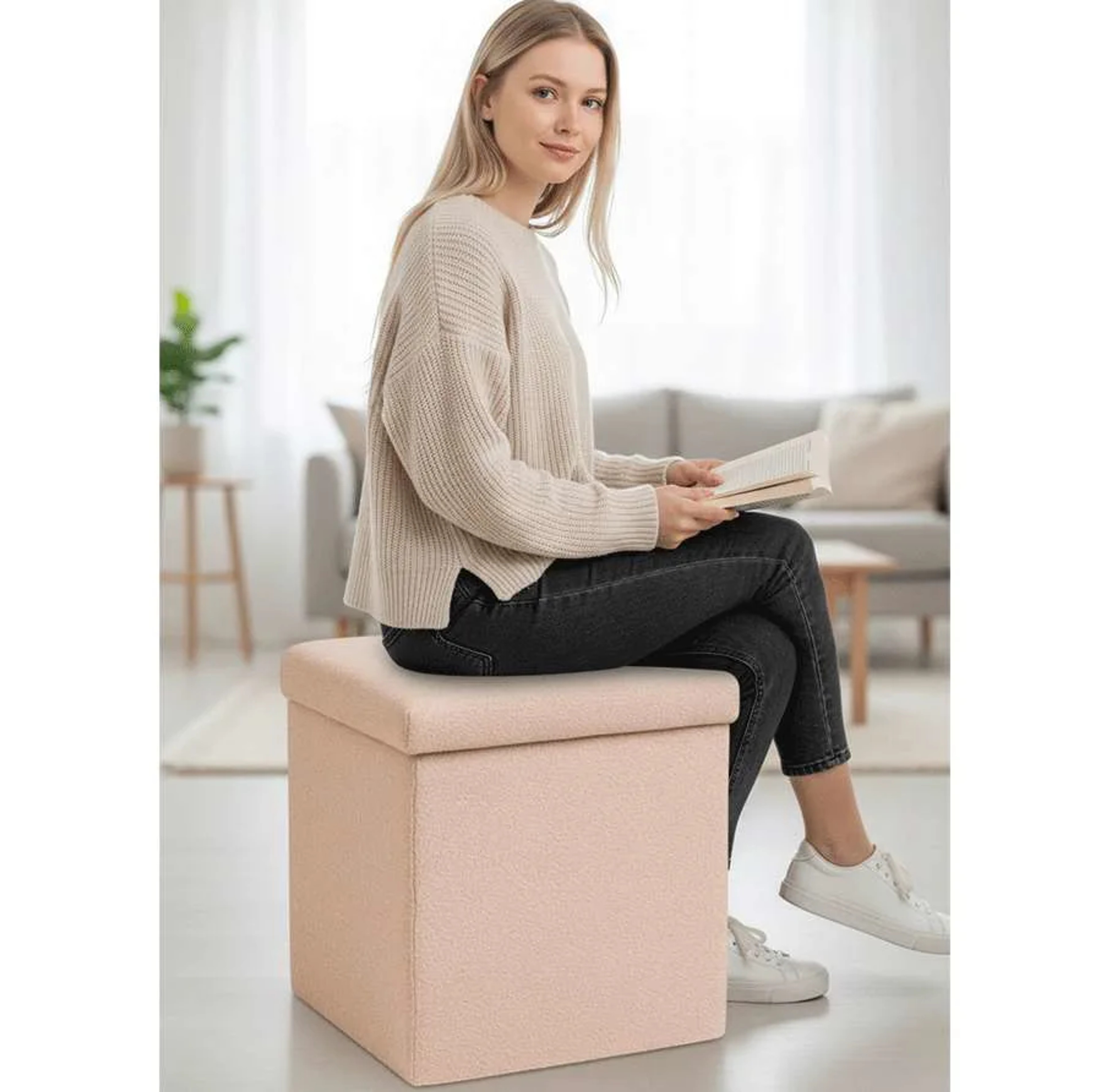 Square Pouffe (Pink	boucle fabric)