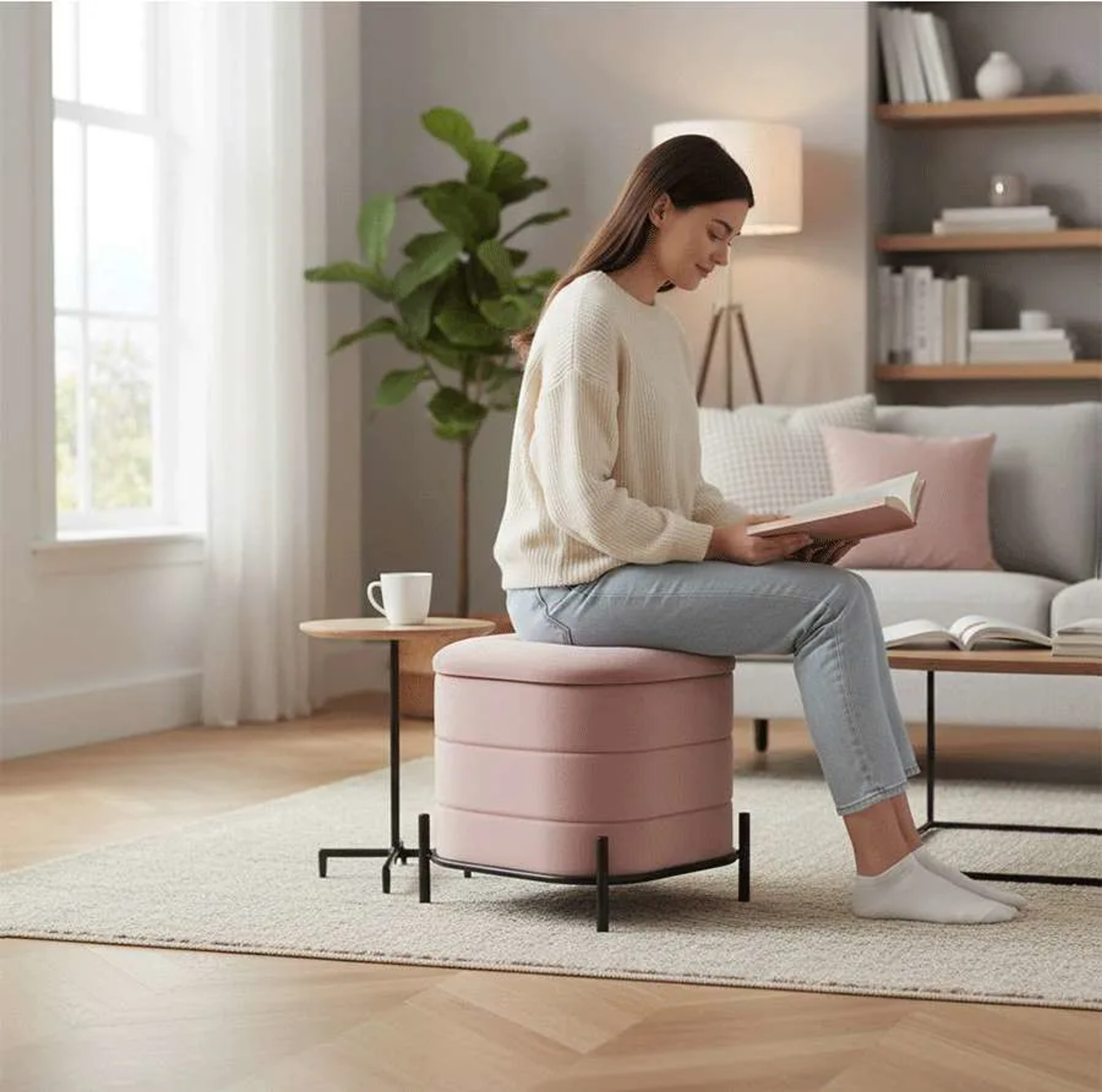 Square Pouffe  With Metal Frame (Pink suede fabric)