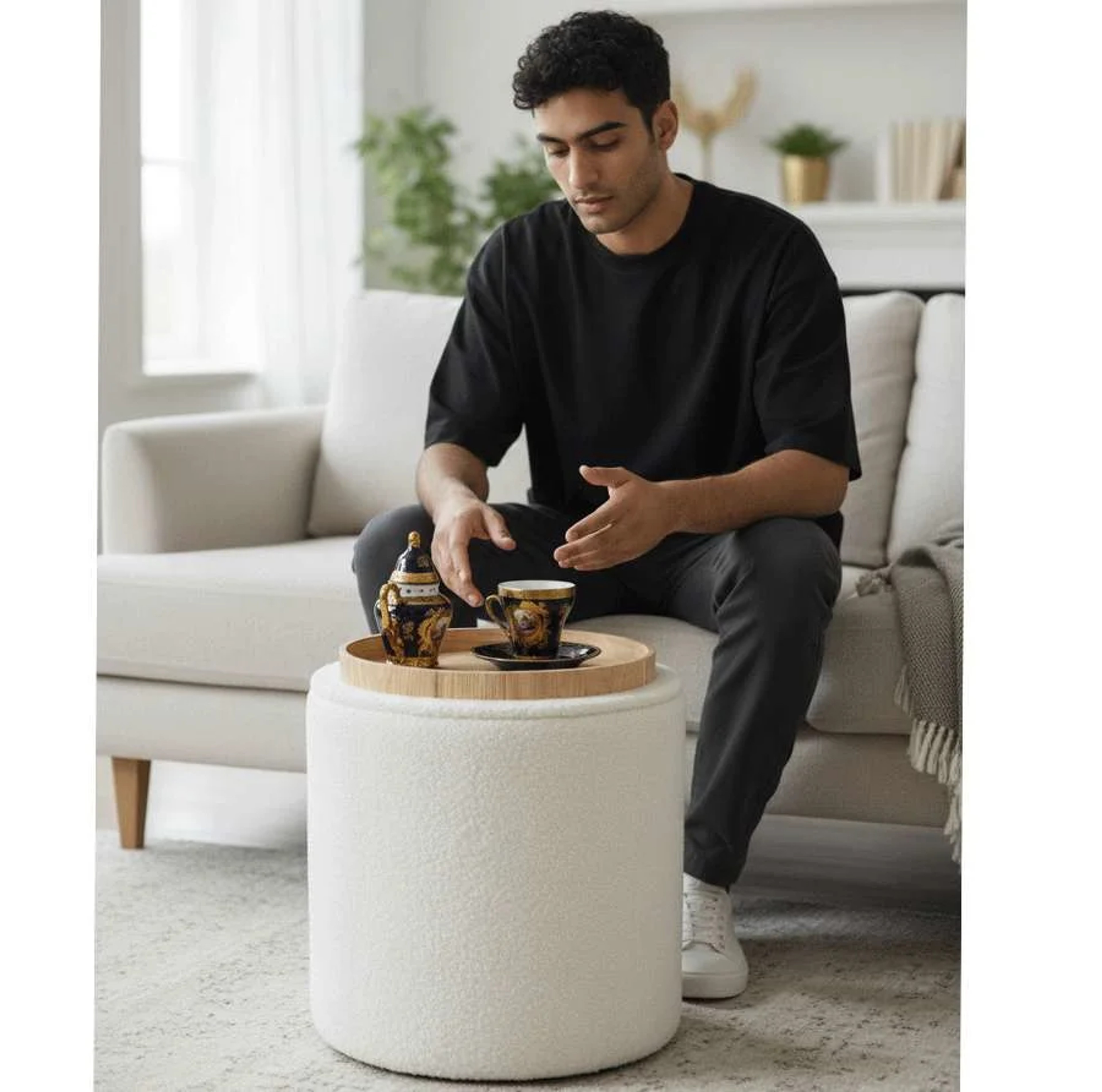 Round Pouffe (White boucle fabric)