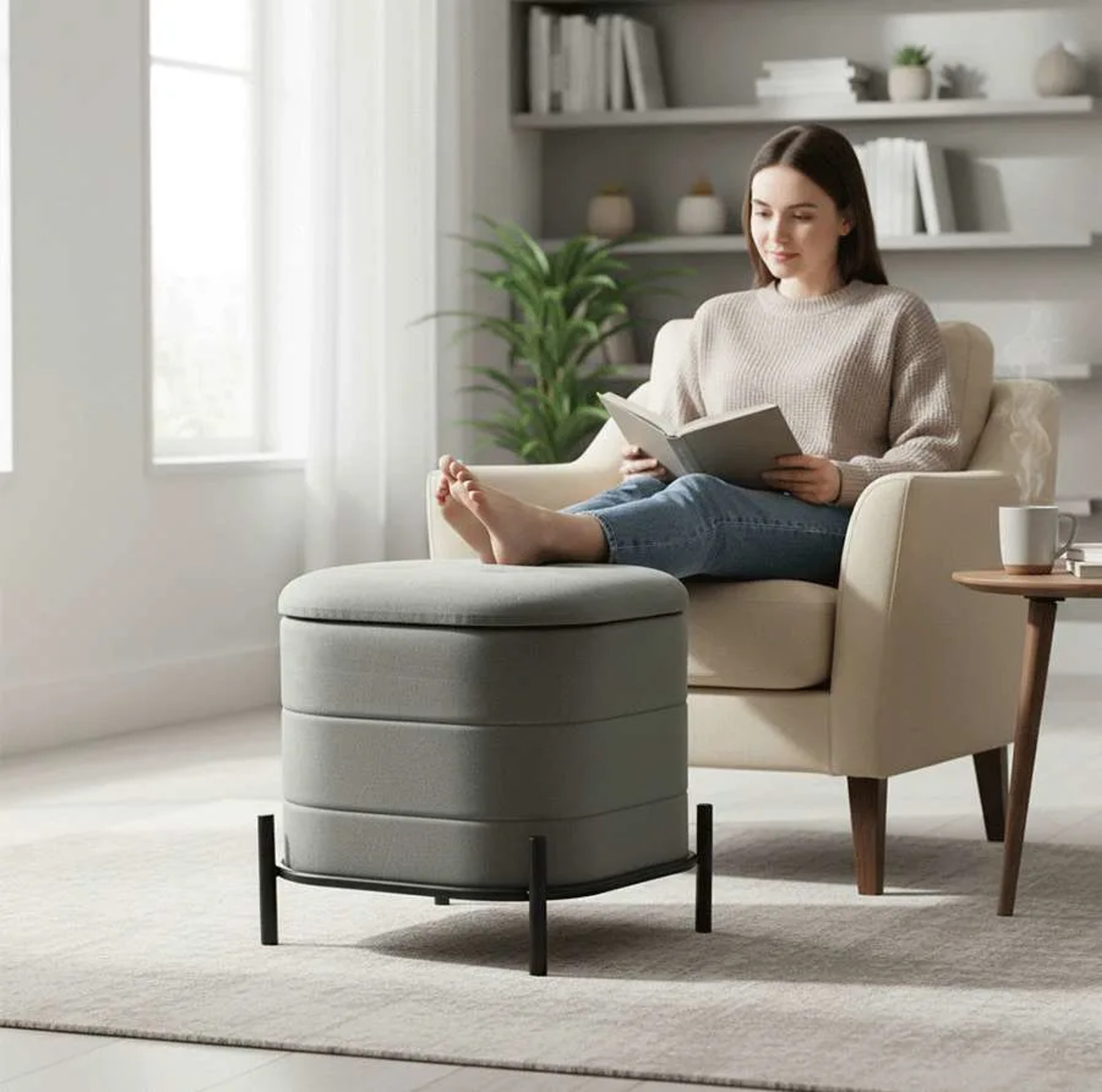 Square Pouffe With Metal Frame (Grey suede fabric)