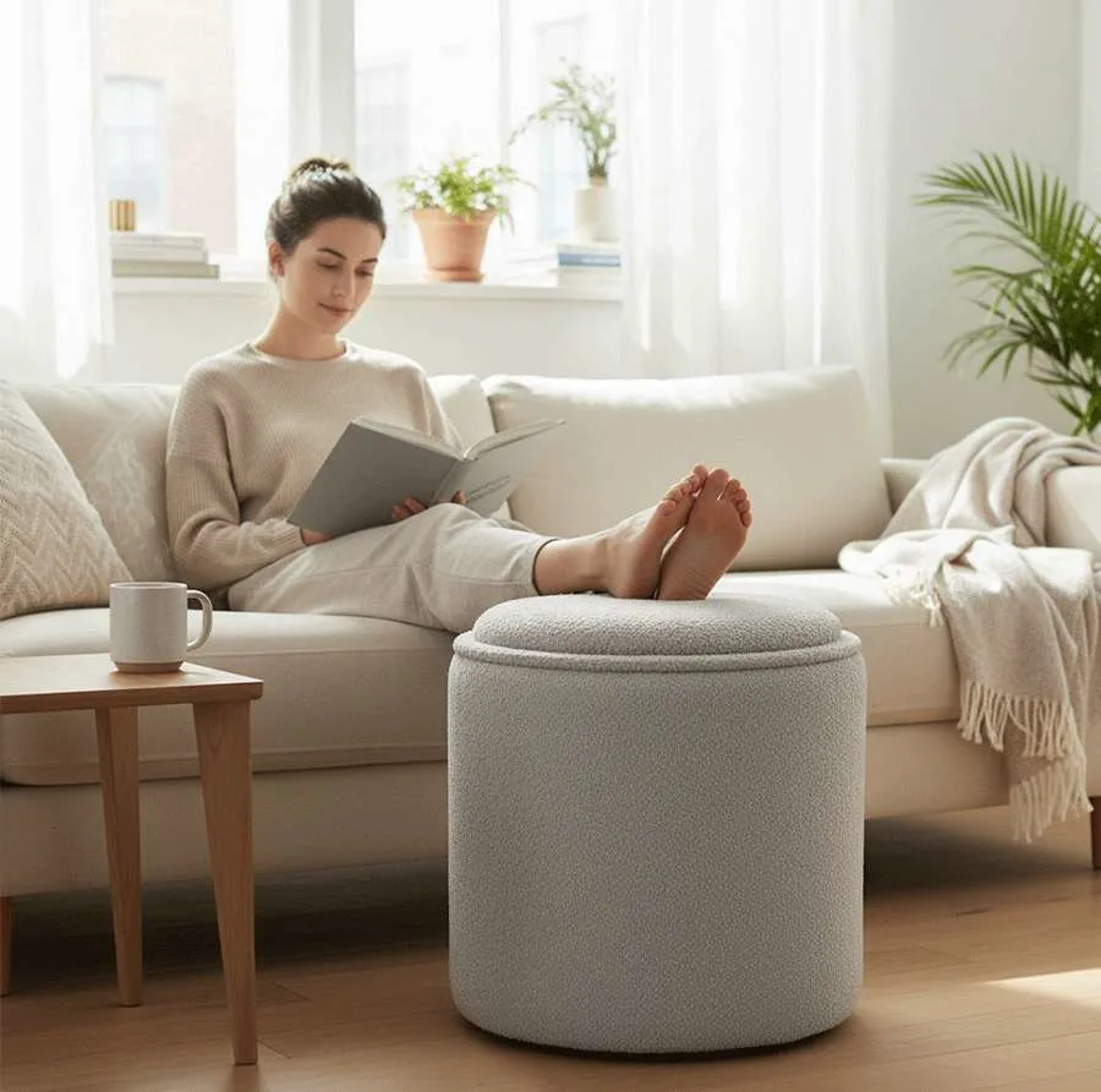 Round Pouffe (Grey boucle fabric)