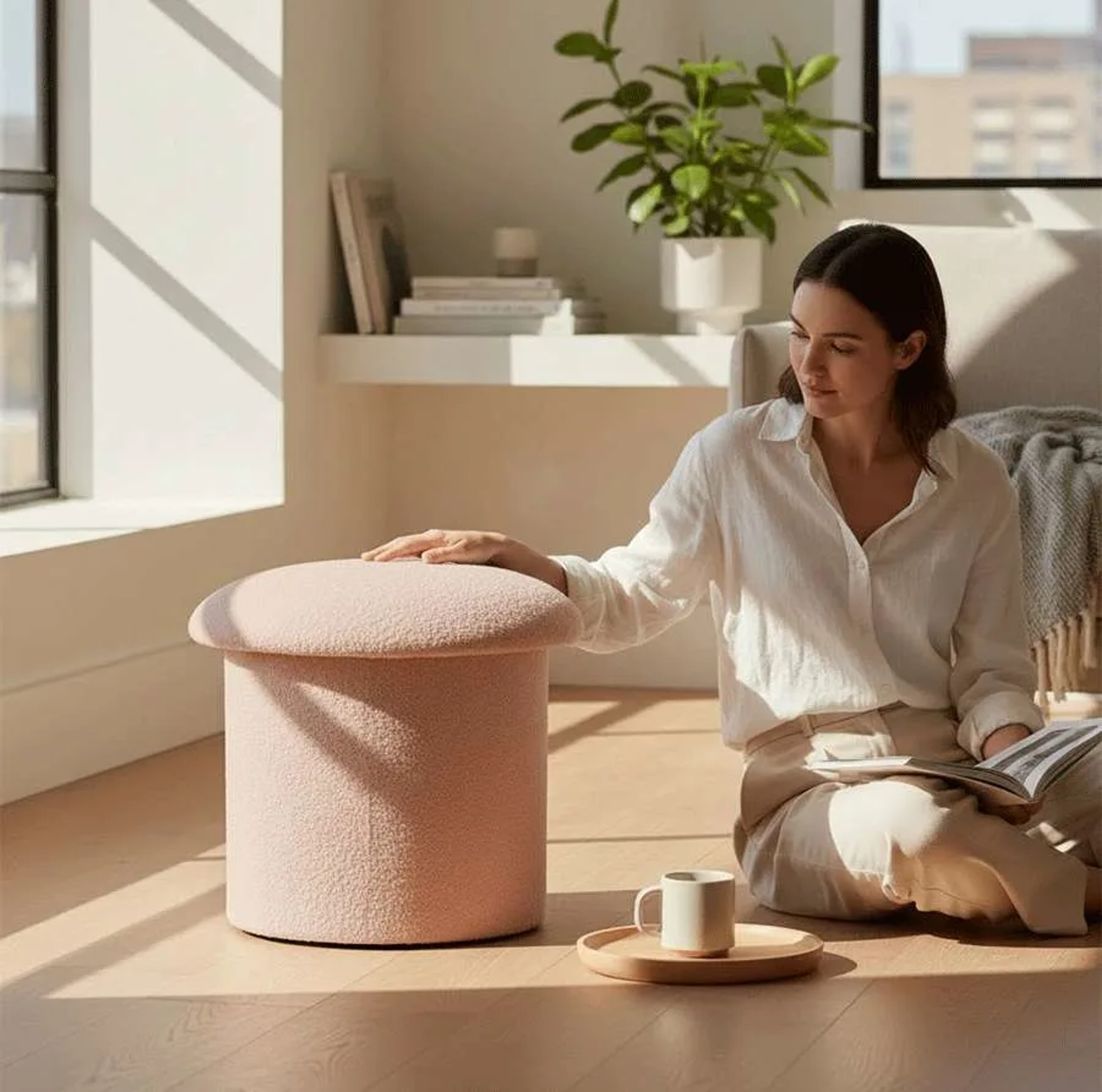 Mushroom Pouffe (Pink boucle fabric)