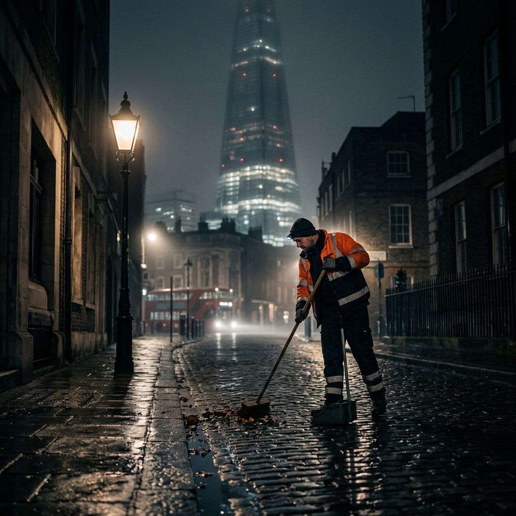 A lone street‑sweeper pushing a cart down a wet cobblestone lane at 3 am, the glass façade of a modern skyscraper glowing in the foggy background.