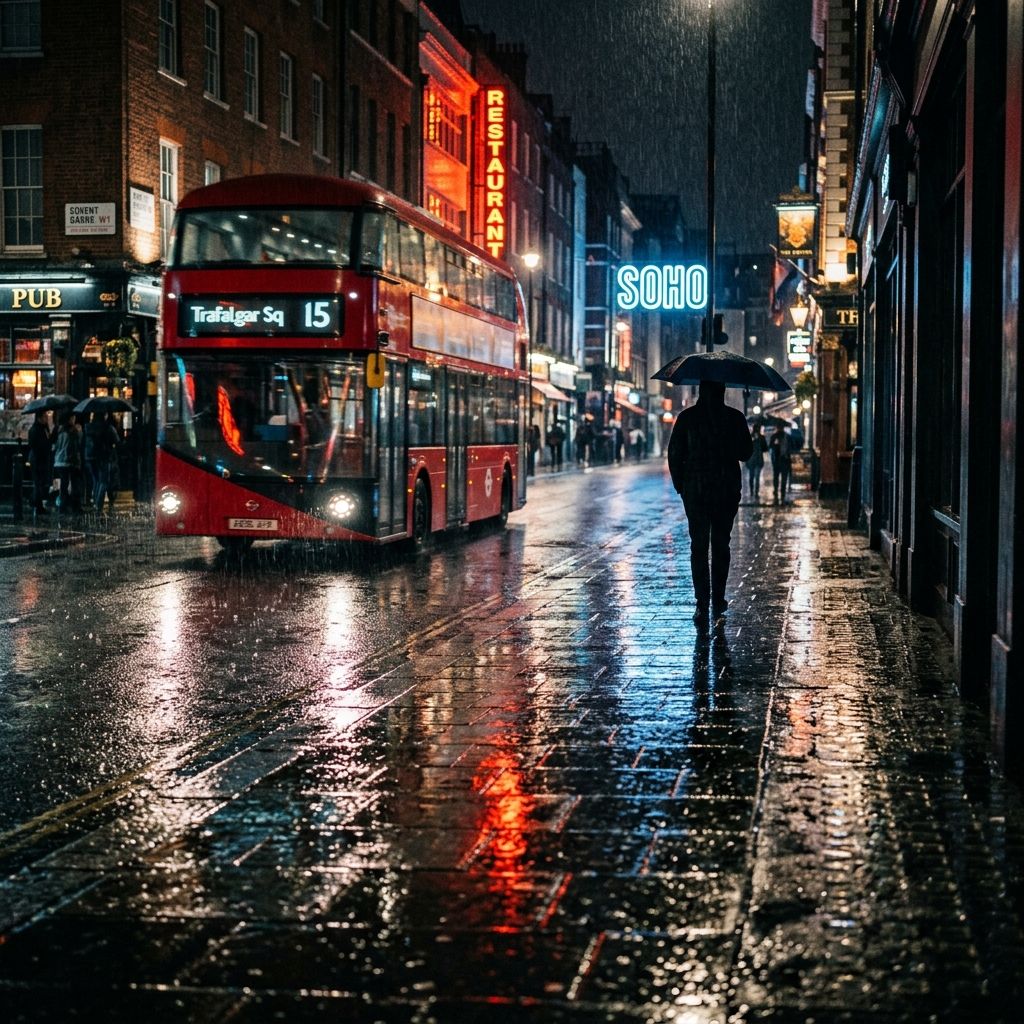 A wet London pavement reflecting the red lights of a passing double‑deck bus, with a shadowy figure holding a black umbrella under neon signage.