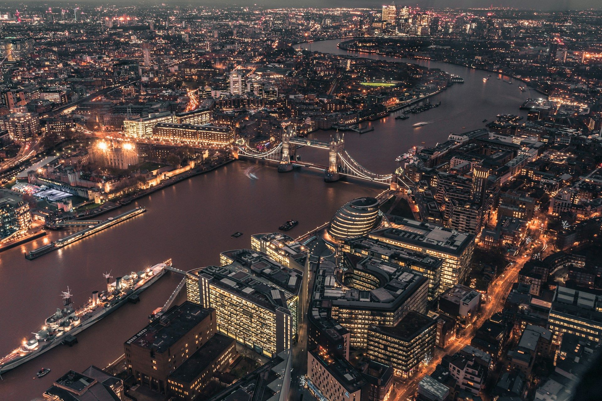 A night aerial view of London East Side from The Shard