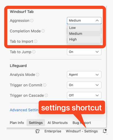 How to access the aggression settings in Windsurf Tab