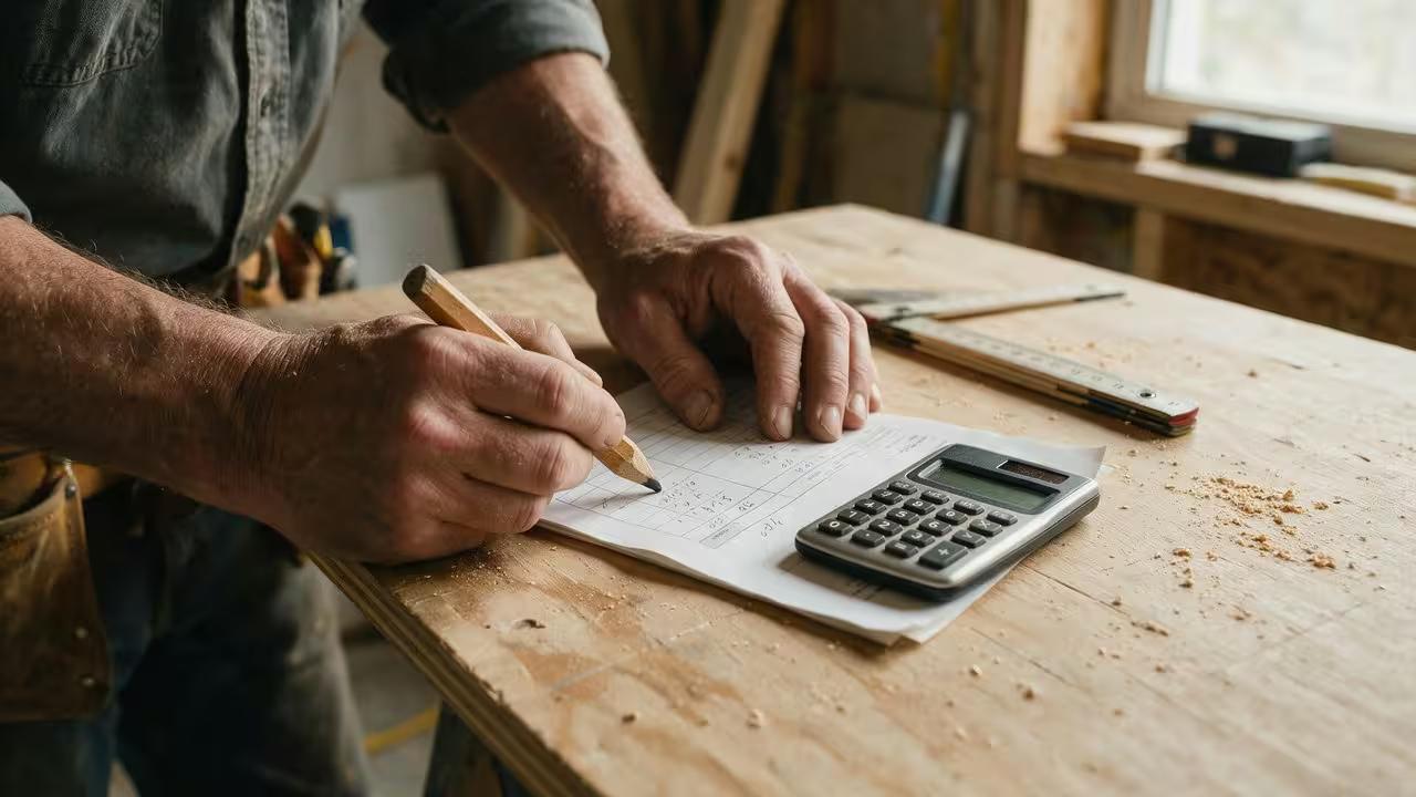 A contractor working out average ticket and margin by hand on the back of an invoice with a pencil and calculator on a plywood bench.