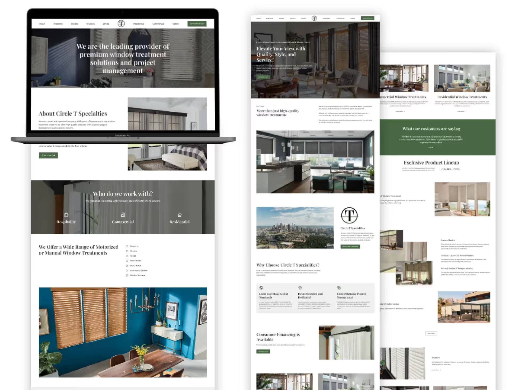 Circle T Specialties multi-page website overview showing homepage with hero headline, About section, client sectors, and motorized treatments alongside residential page with product lineup, testimonials, and Why Choose section