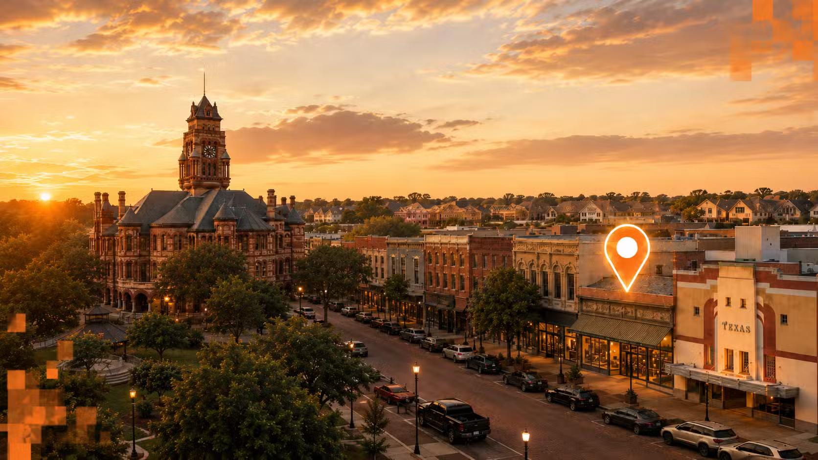 Historic downtown Ellis County storefronts with a glowing map pin marking the local business customers find first