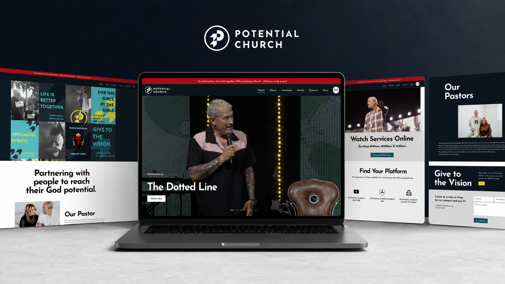 Potential Church website shown across multiple device screens on a dark background